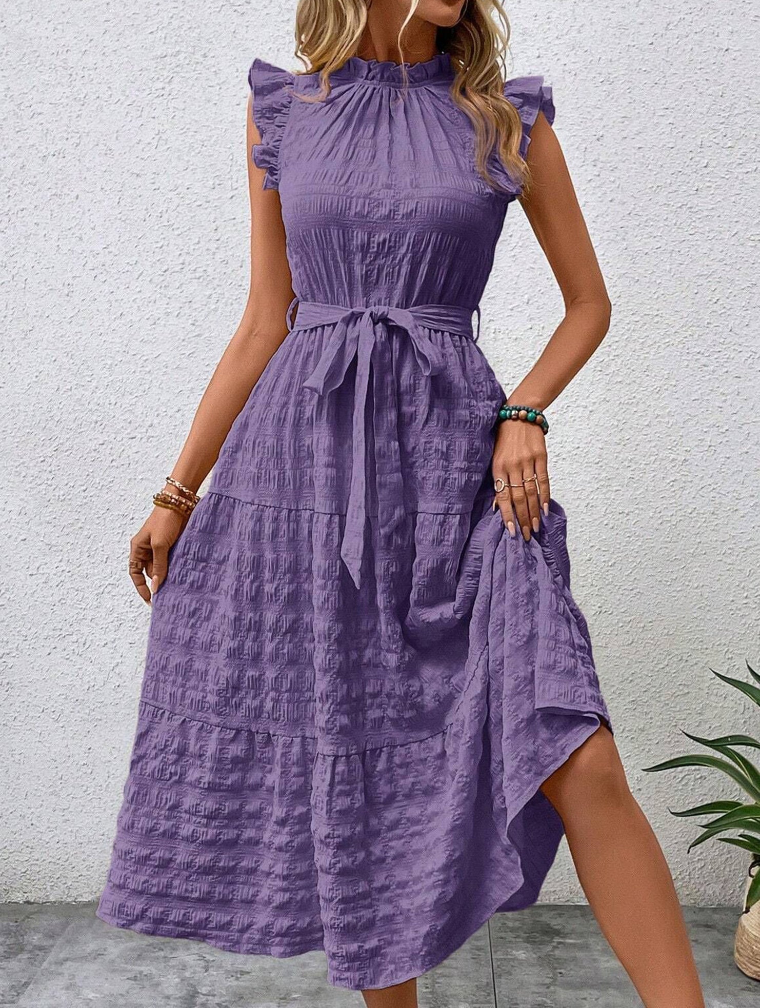 Anna-Berg | Ruffled Flutter Sleeve Tie Textured Dress
