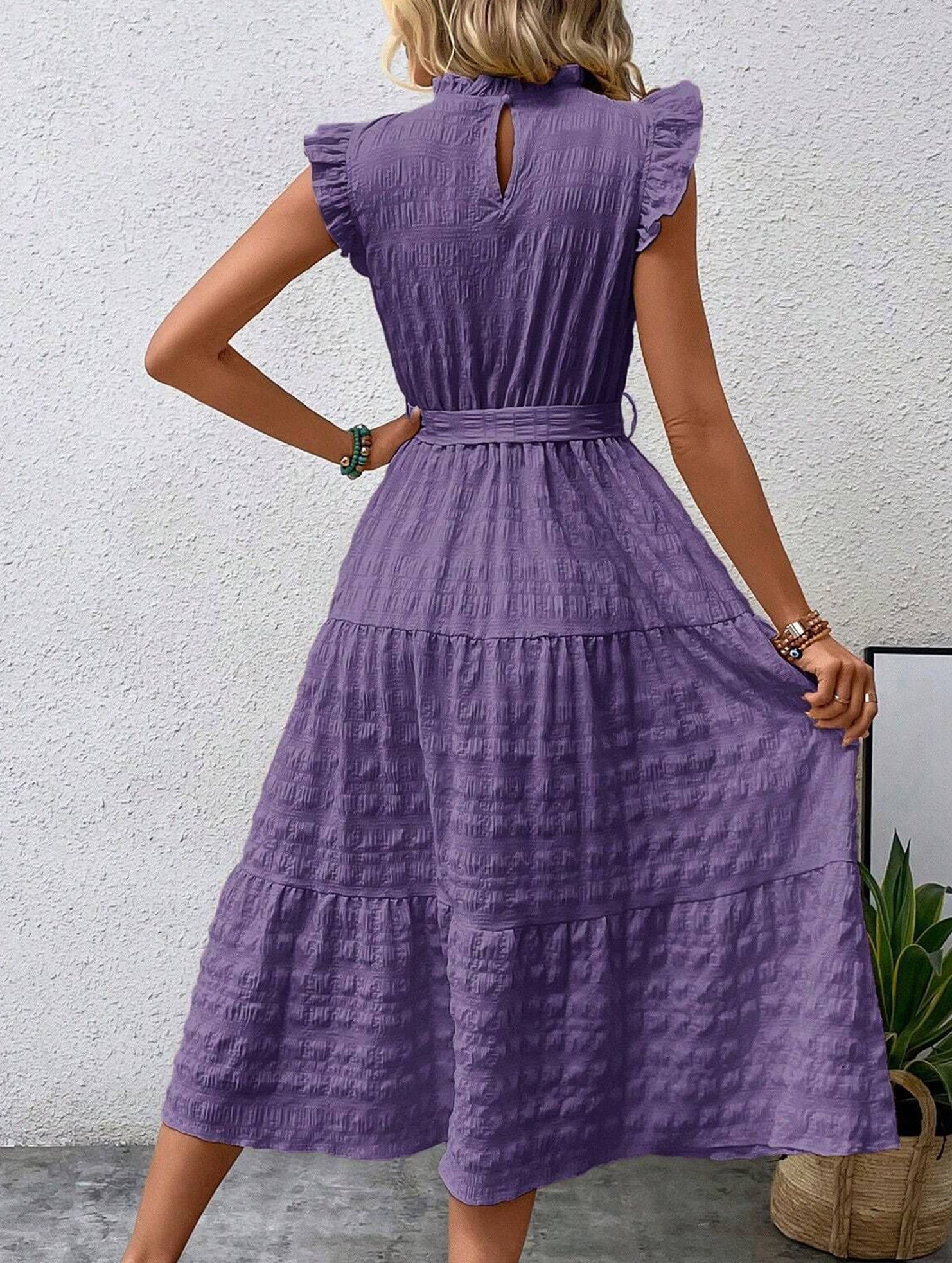 Anna-Berg | Ruffled Flutter Sleeve Tie Textured Dress