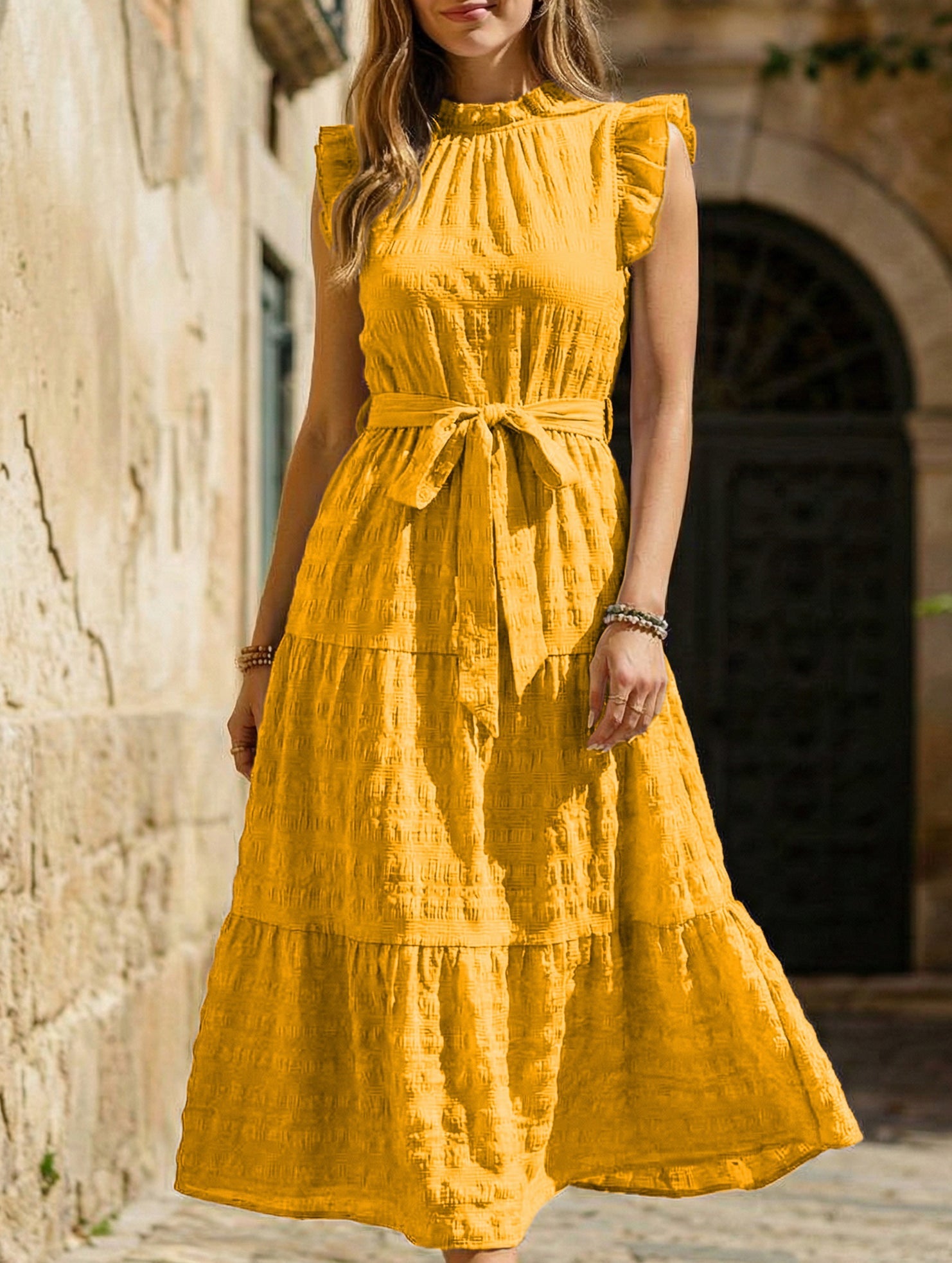Anna-Berg | Ruffled Flutter Sleeve Tie Textured Dress