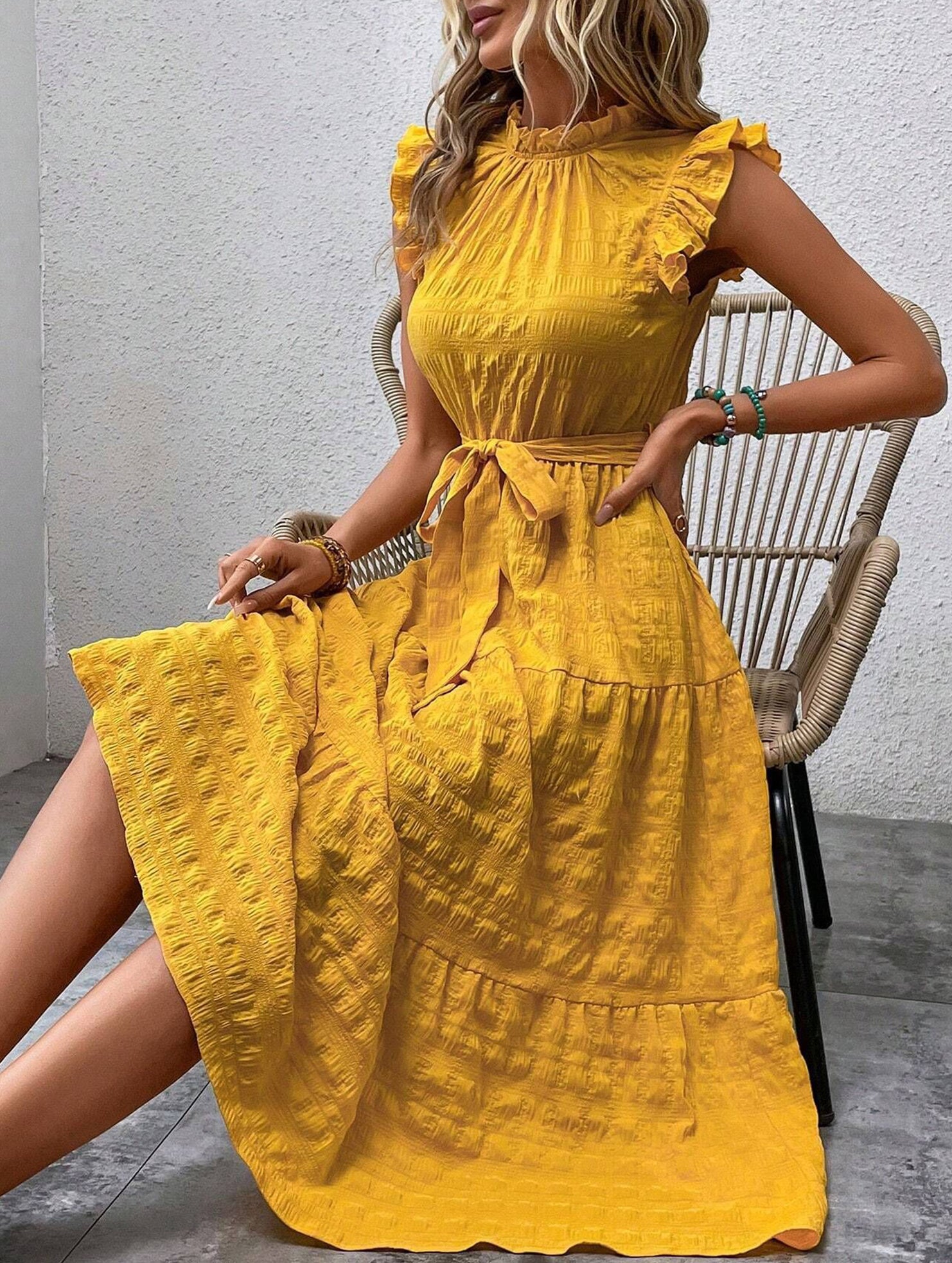 Anna-Berg | Ruffled Flutter Sleeve Tie Textured Dress