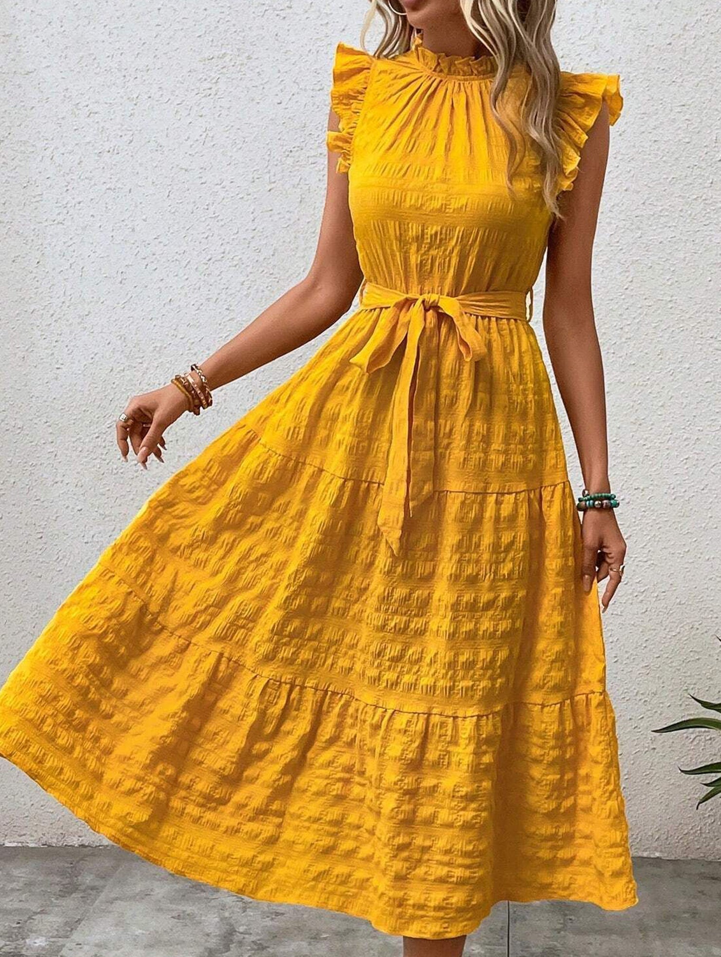 Anna-Berg | Ruffled Flutter Sleeve Tie Textured Dress