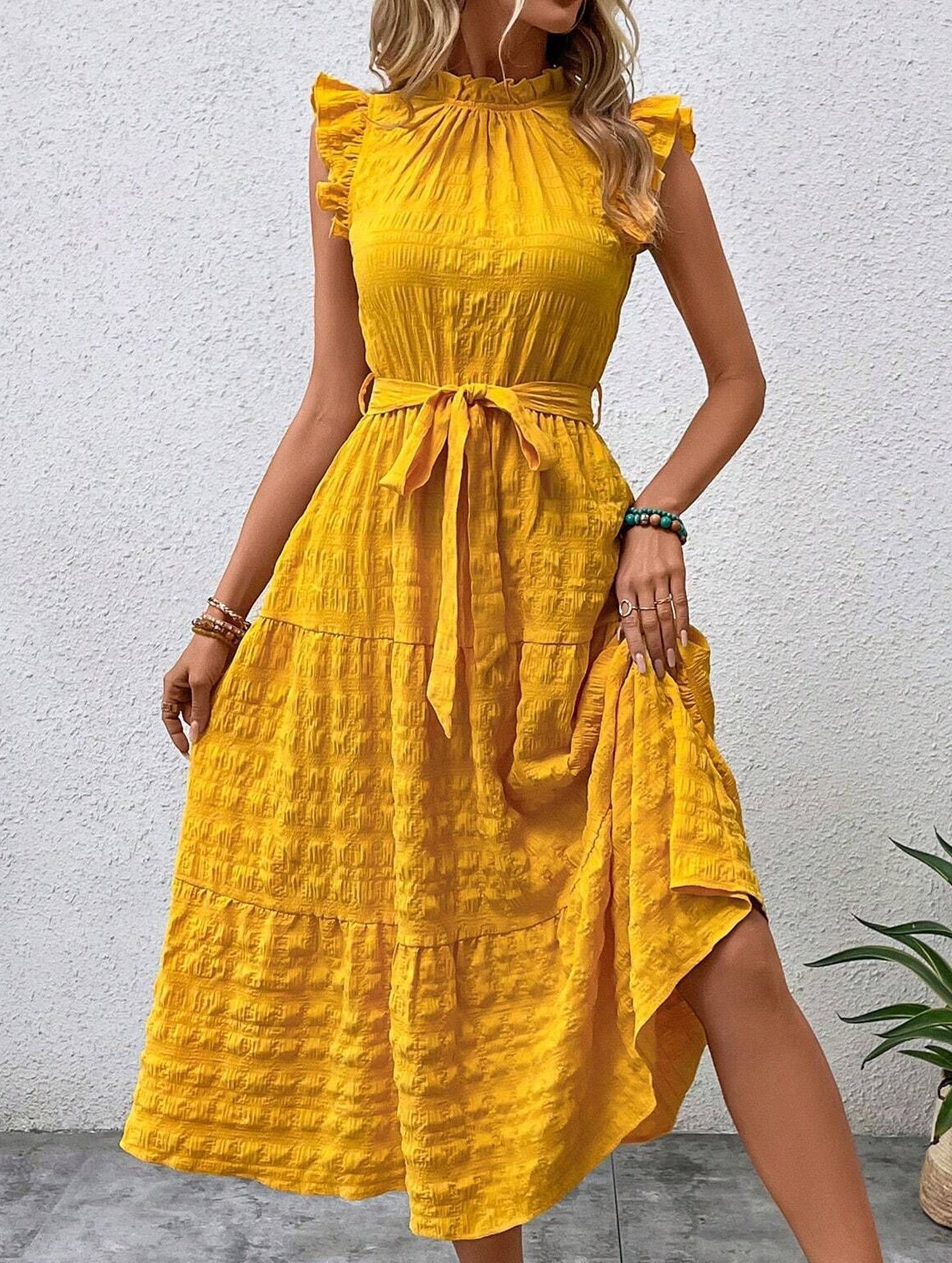 Anna-Berg | Ruffled Flutter Sleeve Tie Textured Dress