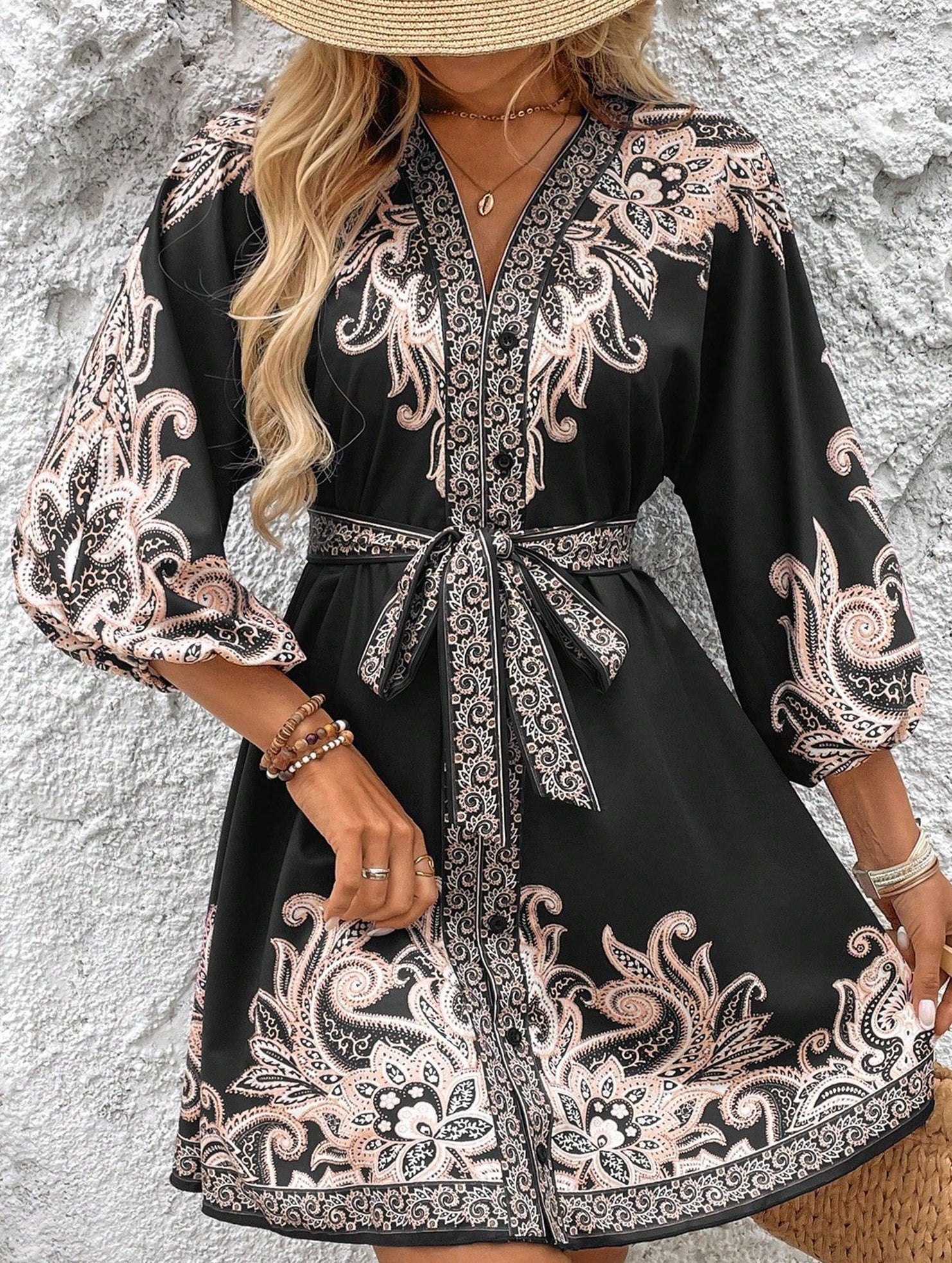 Anna-Berg | Printed V-Neck Three-Quarter Sleeve Tie-Waist Dress
