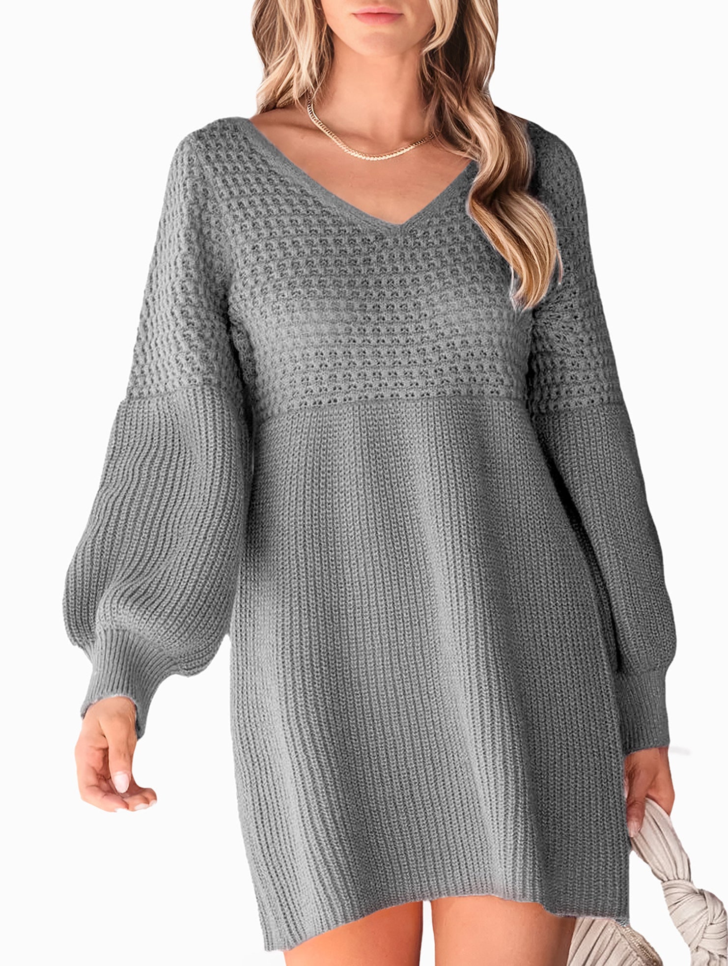 Anna-Berg | V-Neck Puff Sleeve Solid Color Dress