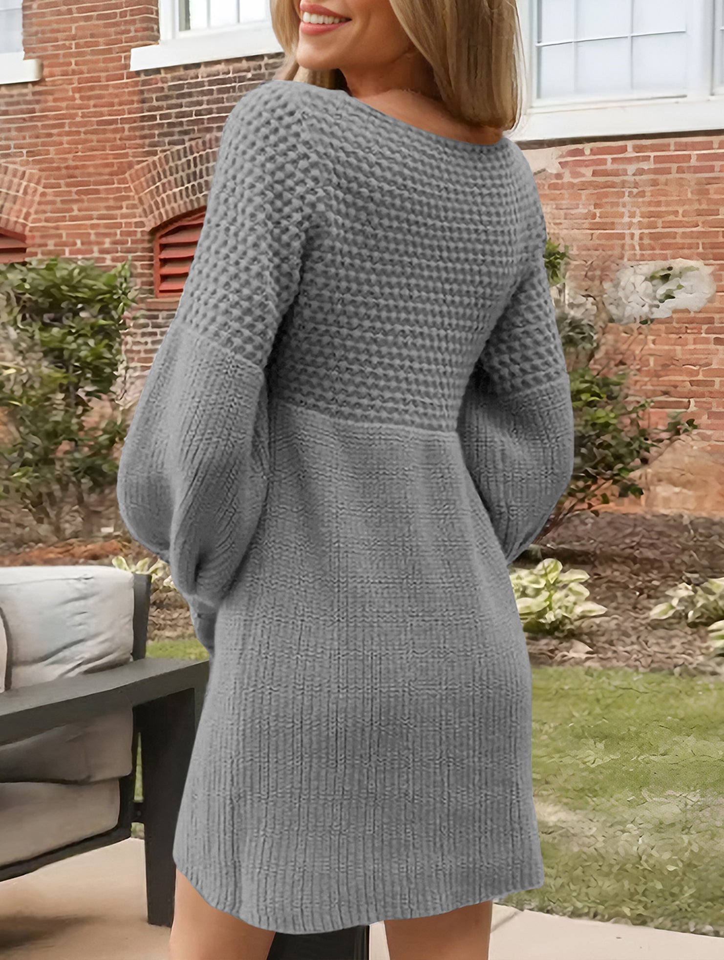 Anna-Berg | V-Neck Puff Sleeve Solid Color Dress