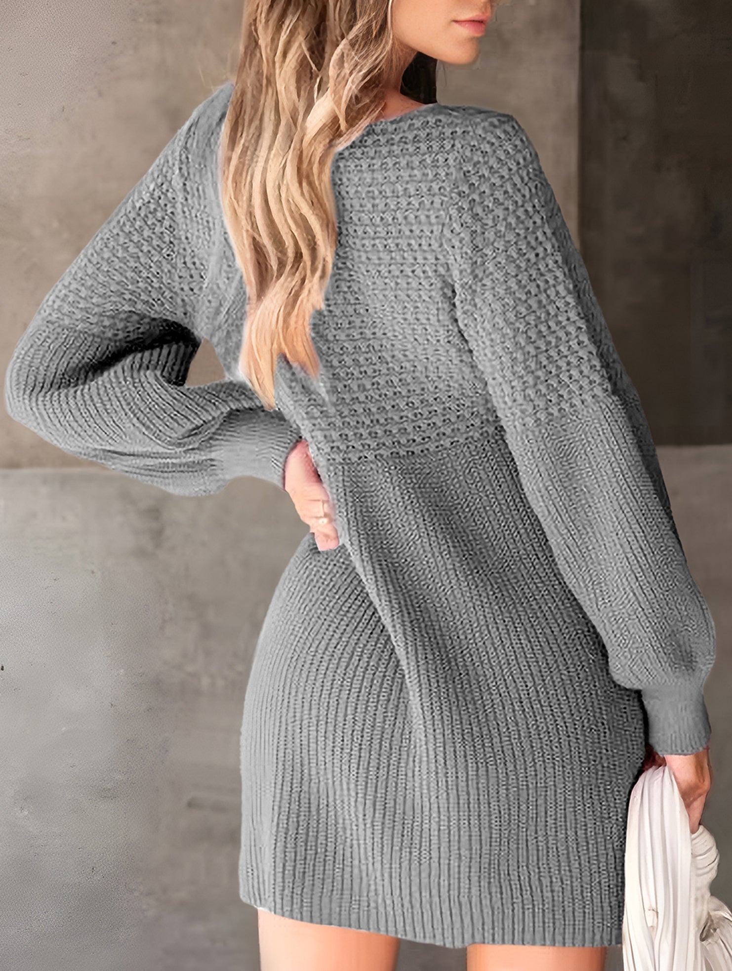 Anna-Berg | V-Neck Puff Sleeve Solid Color Dress
