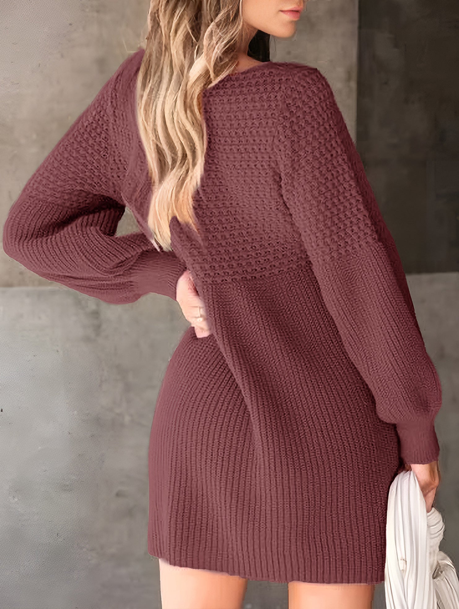 Anna-Berg | V-Neck Puff Sleeve Solid Color Dress