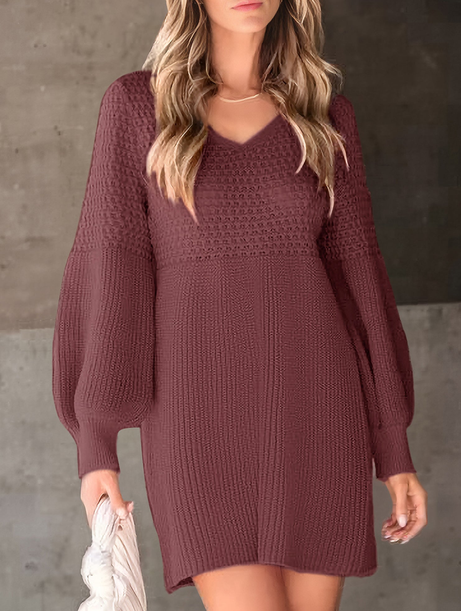 Anna-Berg | V-Neck Puff Sleeve Solid Color Dress