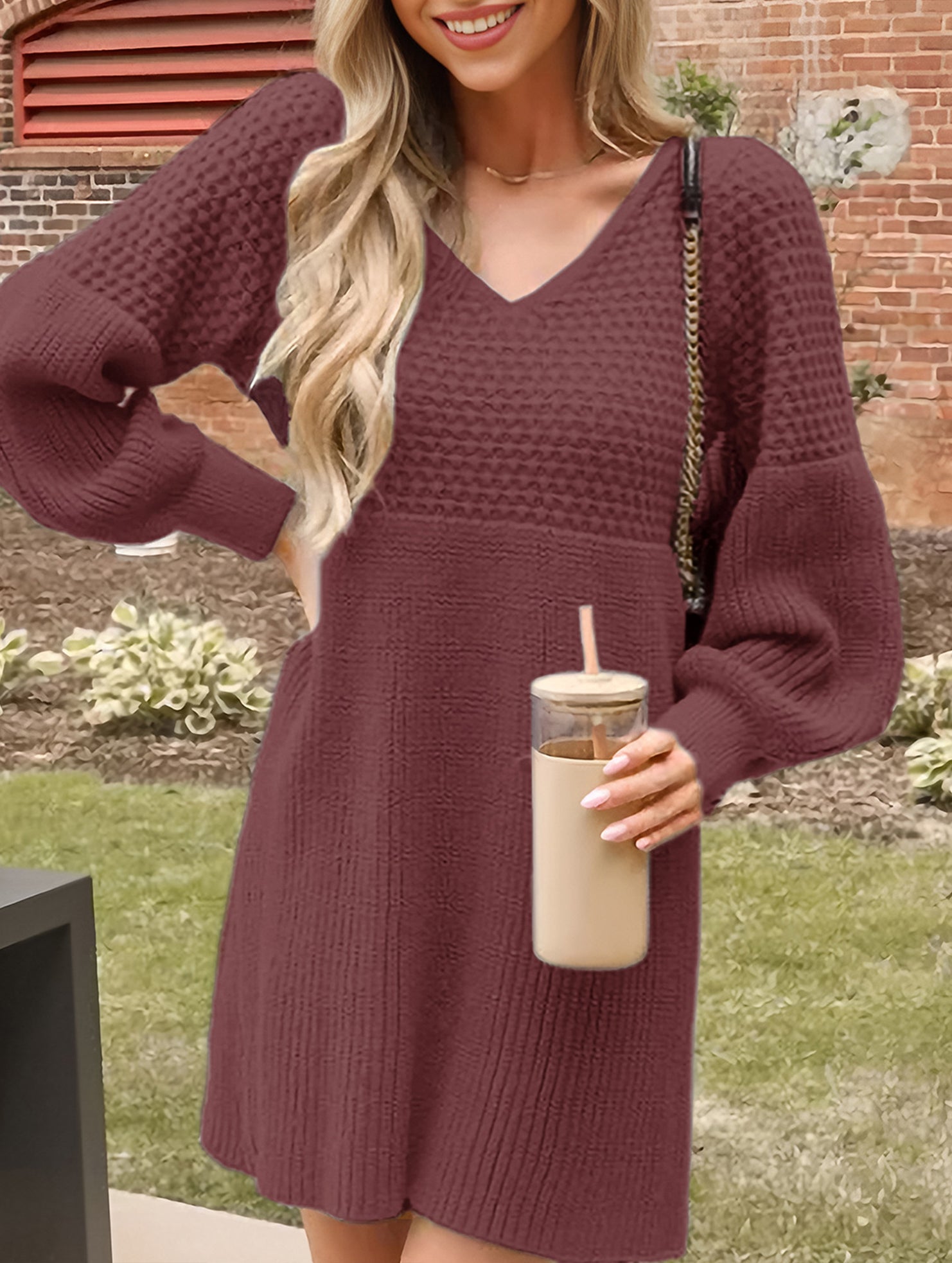 Anna-Berg | V-Neck Puff Sleeve Solid Color Dress