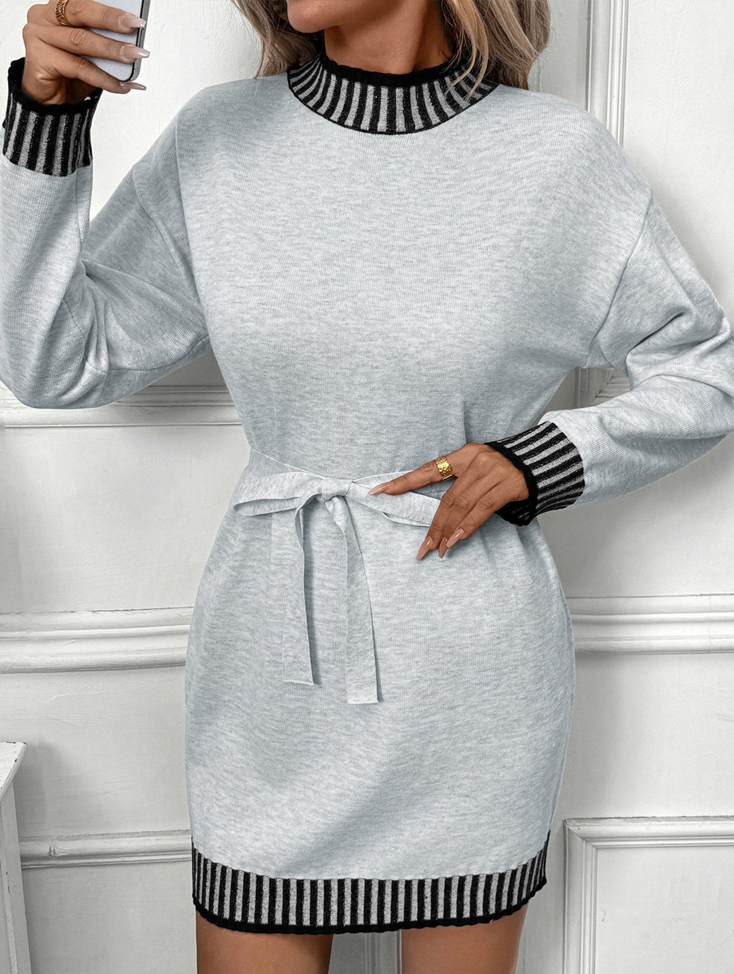 Anna-Berg | Casual Striped Half-High Collar Contrast Dress
