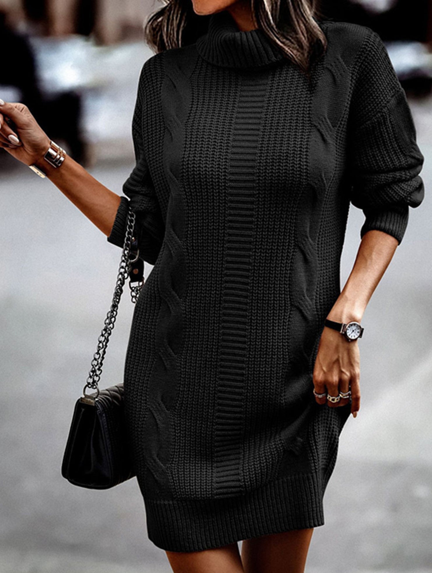 Anna-Berg | High-Neck Long-Sleeved Bodycon Sweater Dress