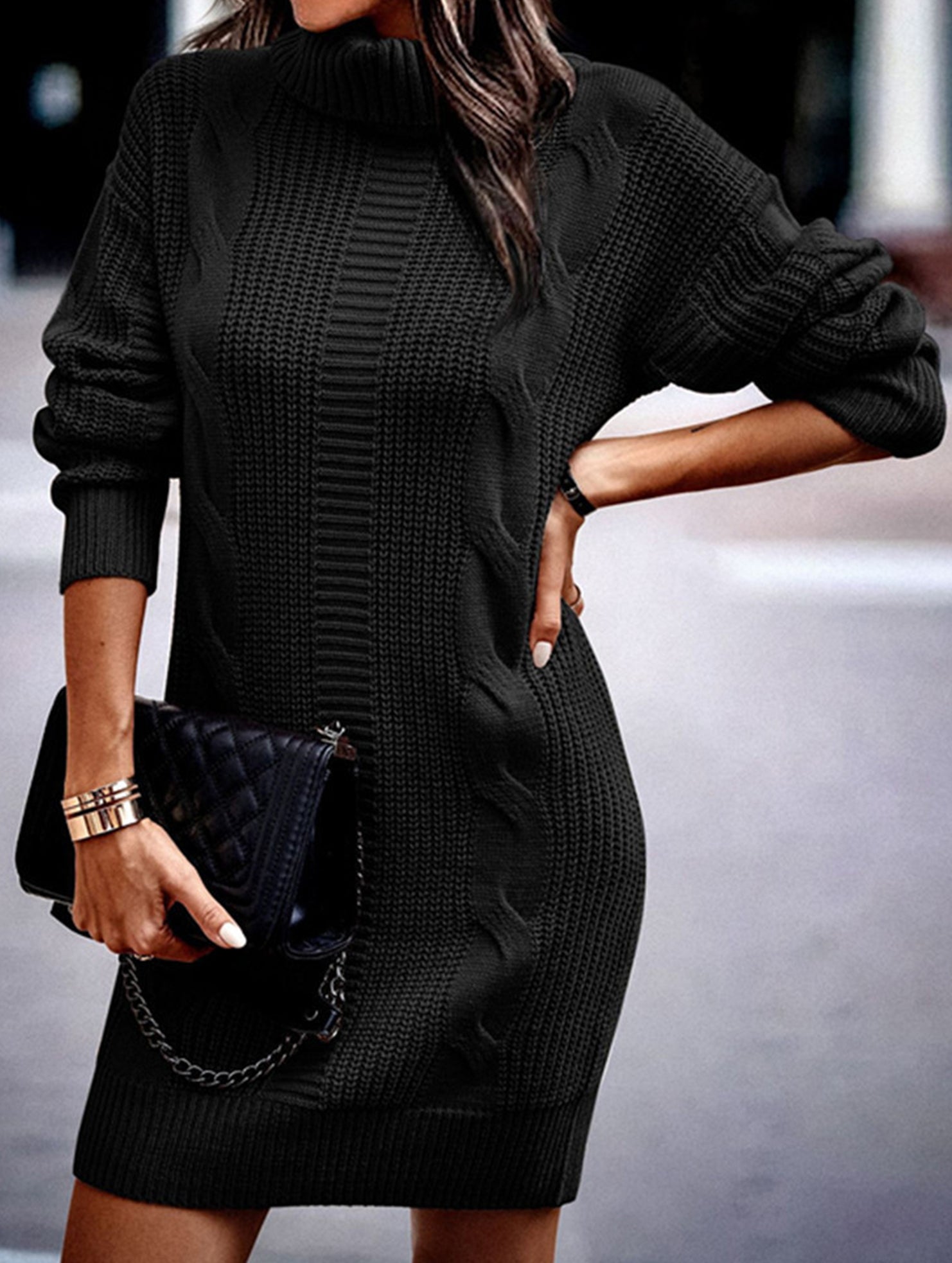 Anna-Berg | High-Neck Long-Sleeved Bodycon Sweater Dress