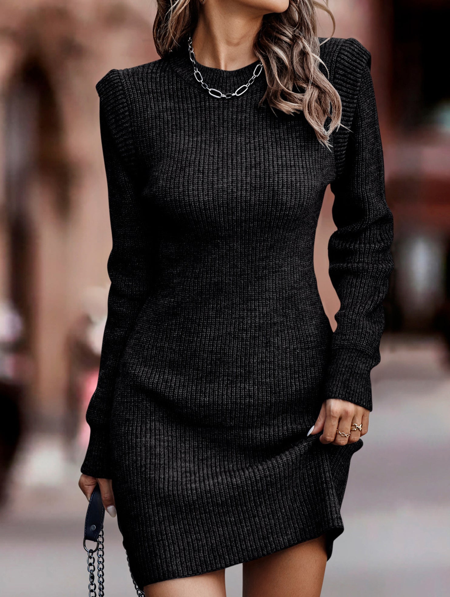 Anna-Berg | Round Neck Long-Sleeved Bodycon Sweater Dress