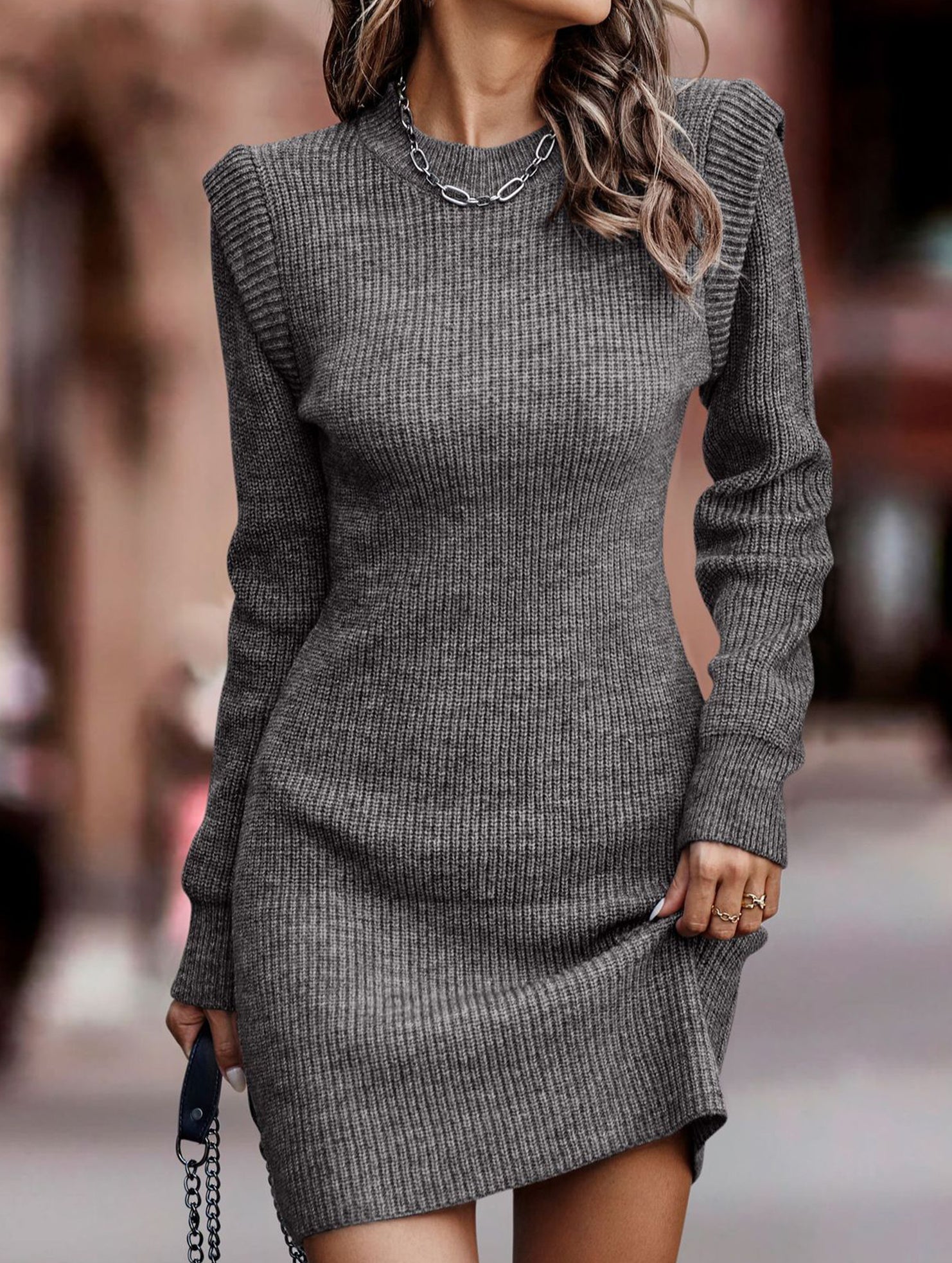 Anna-Berg | Round Neck Long-Sleeved Bodycon Sweater Dress
