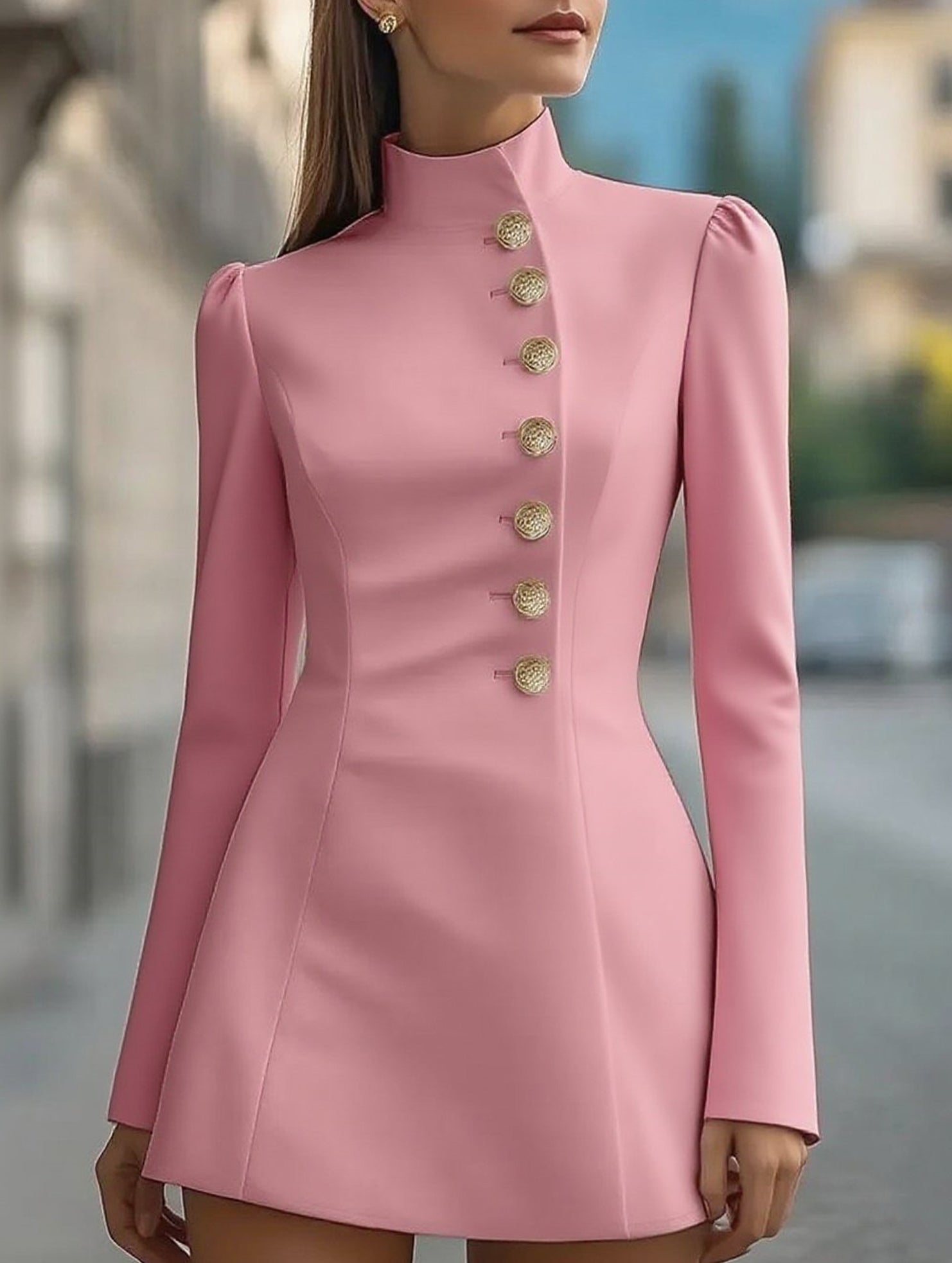Anna-Berg | Slim-Fit Stand-Up Collar Single-Breasted Dress