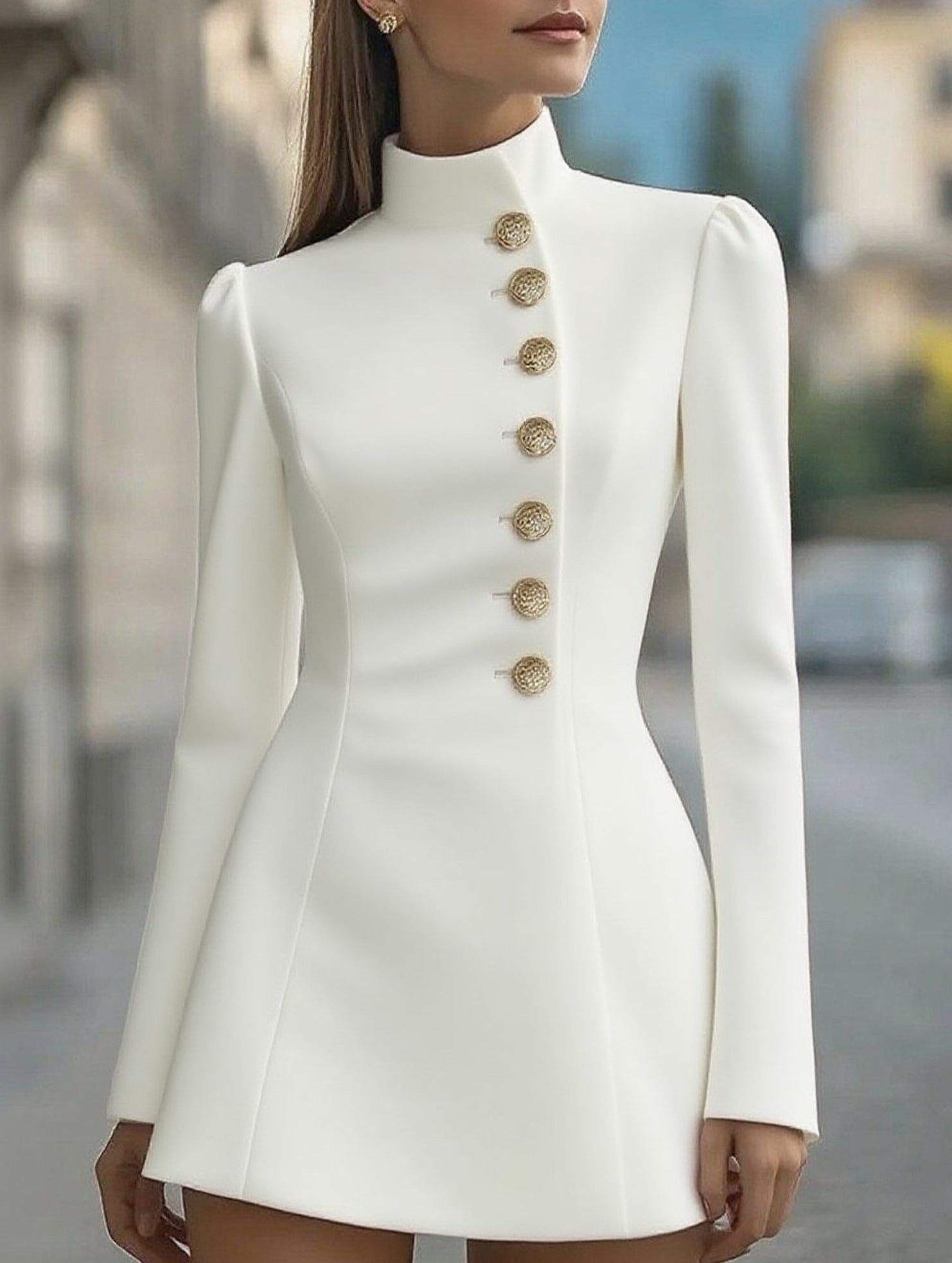 Anna-Berg | Slim-Fit Stand-Up Collar Single-Breasted Dress