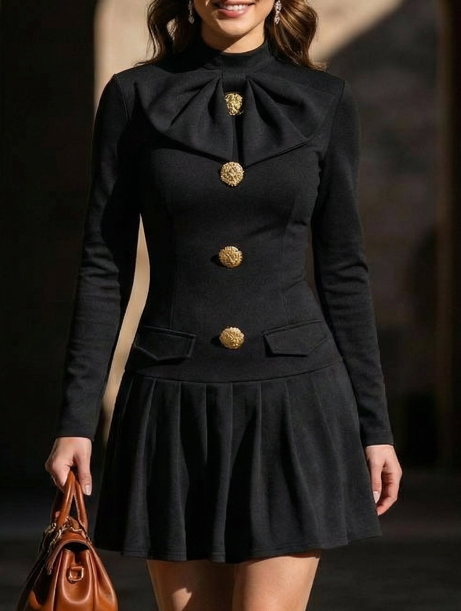 Anna-Berg | High-Neck Bow Button Dress