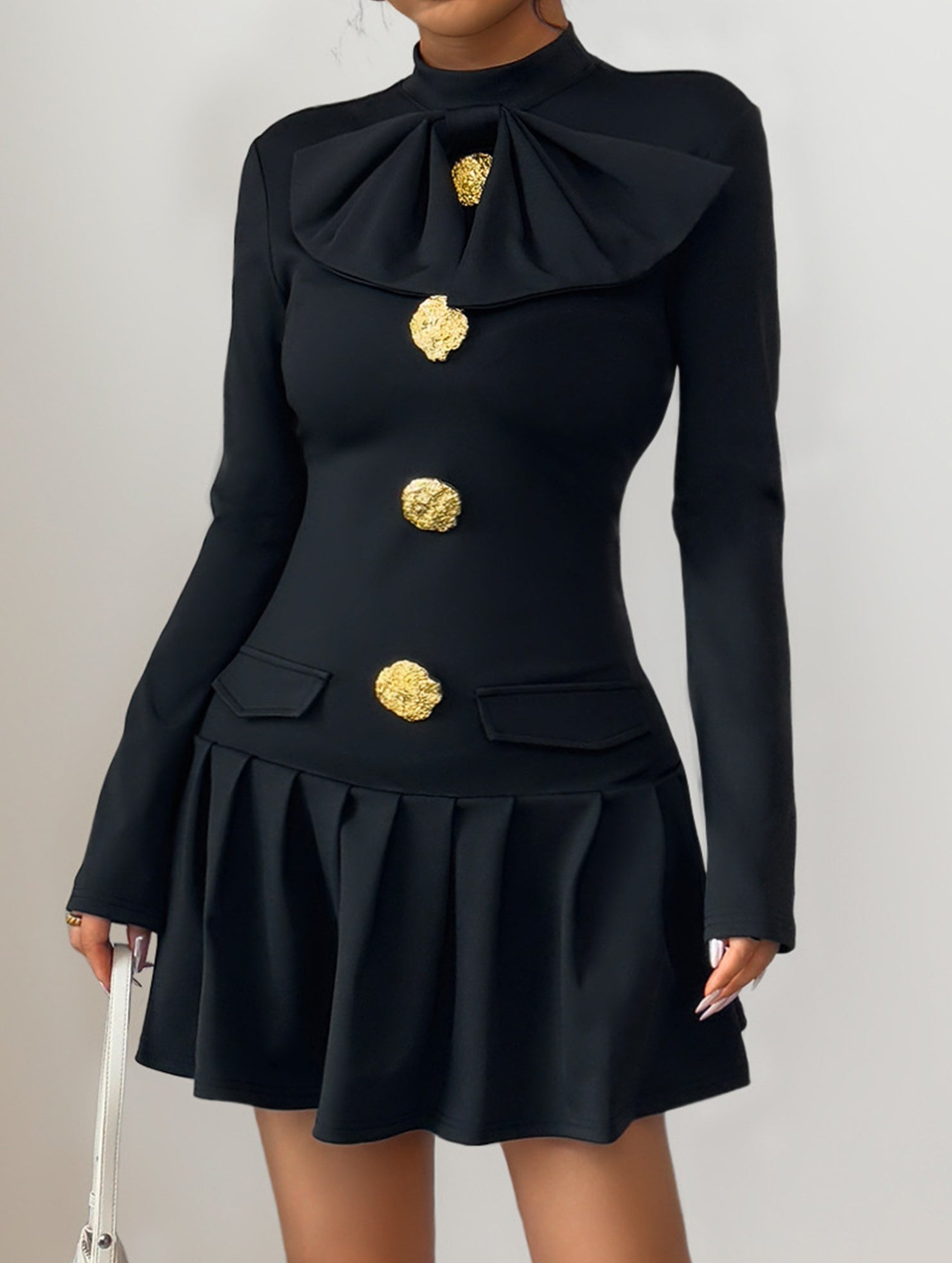 Anna-Berg | High-Neck Bow Button Dress