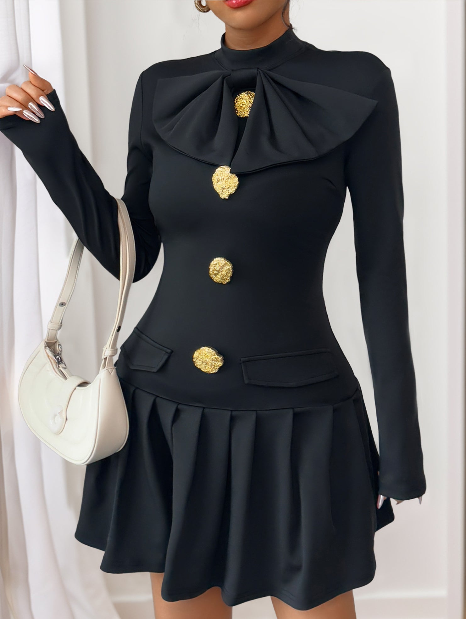 Anna-Berg | High-Neck Bow Button Dress
