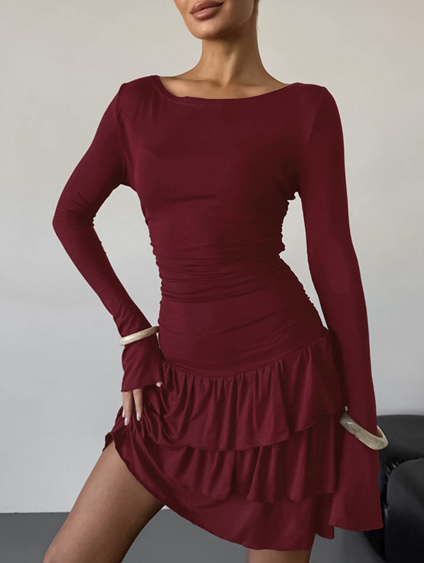 Anna-Berg | Waist Cinched Ruffle Long Sleeve Dress
