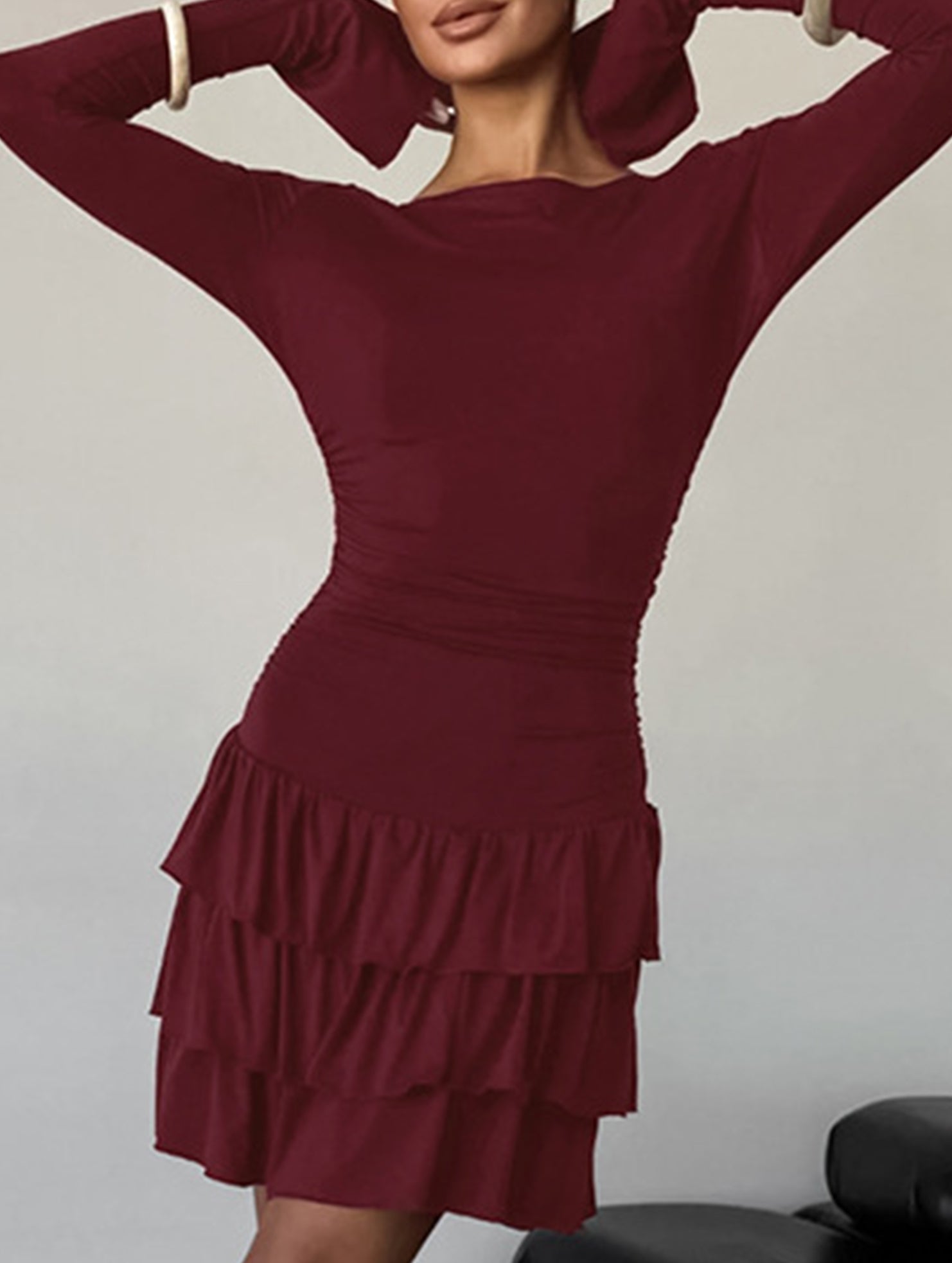 Anna-Berg | Waist Cinched Ruffle Long Sleeve Dress