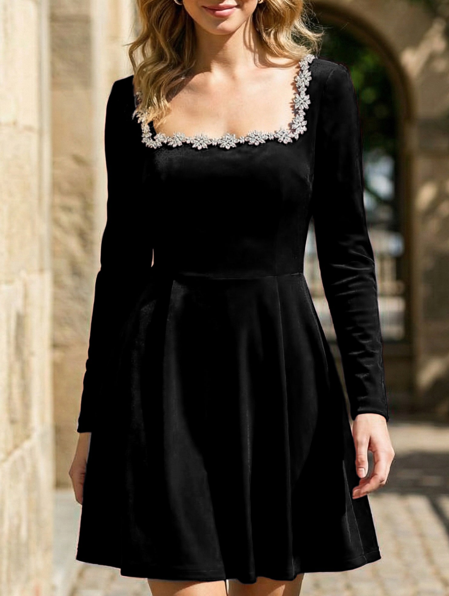 Anna-Berg | Stylish Velvet Square Neck Elegant Dress