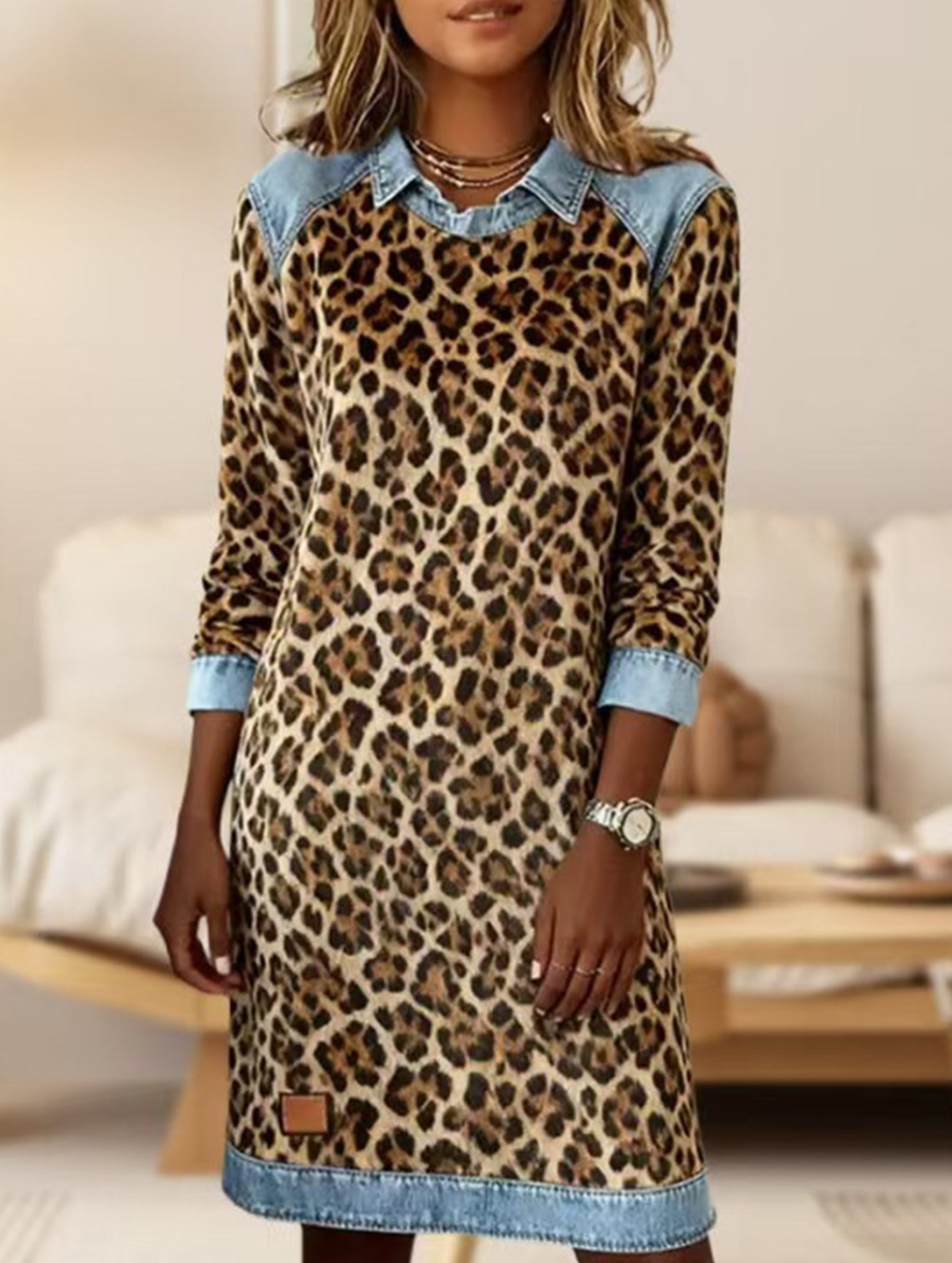 Anna-Berg | Leopard Print Denim Patchwork A-Line Dress