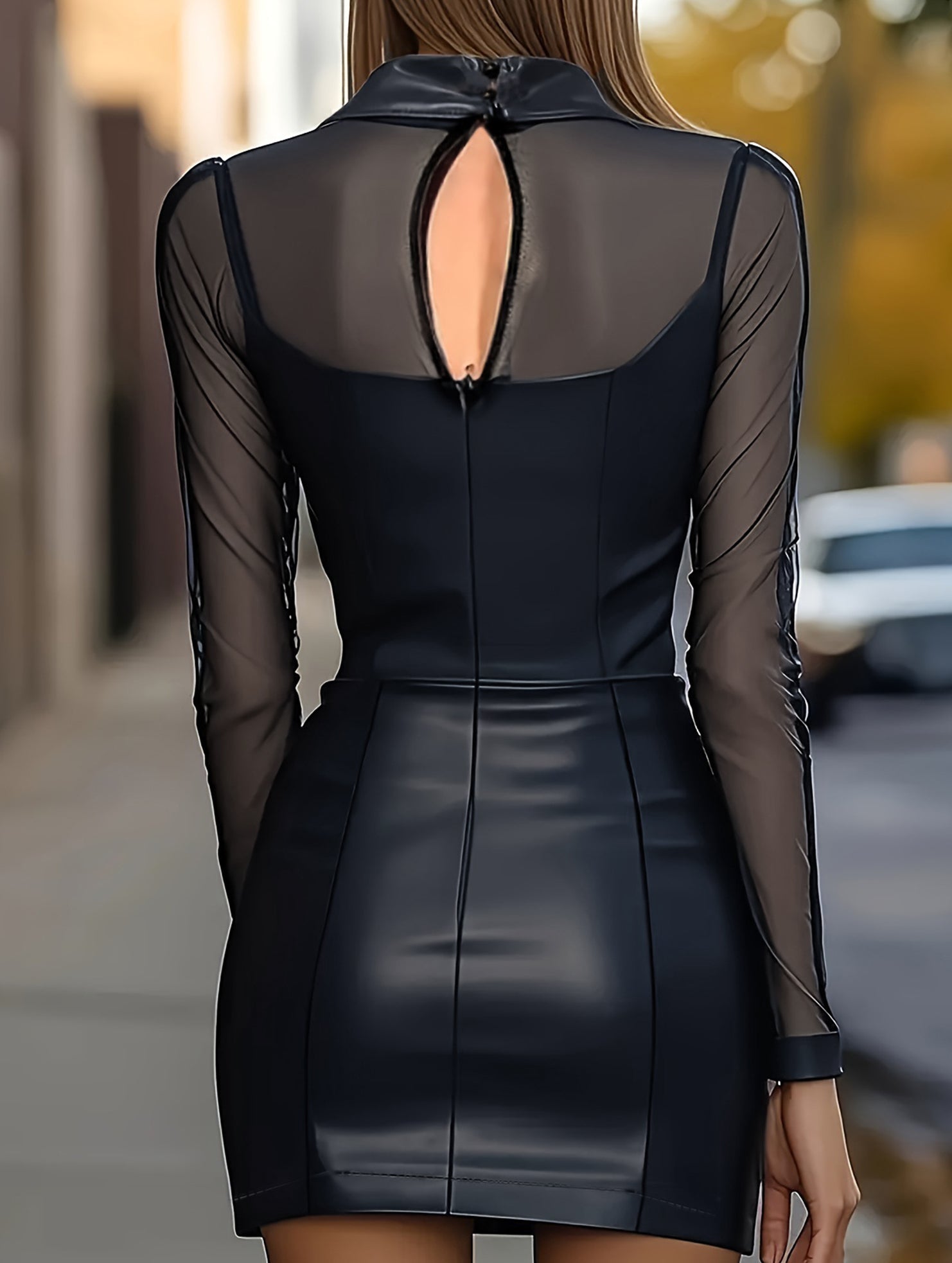 Anna-Berg | Mesh Patchwork Leather Bodycon Dress