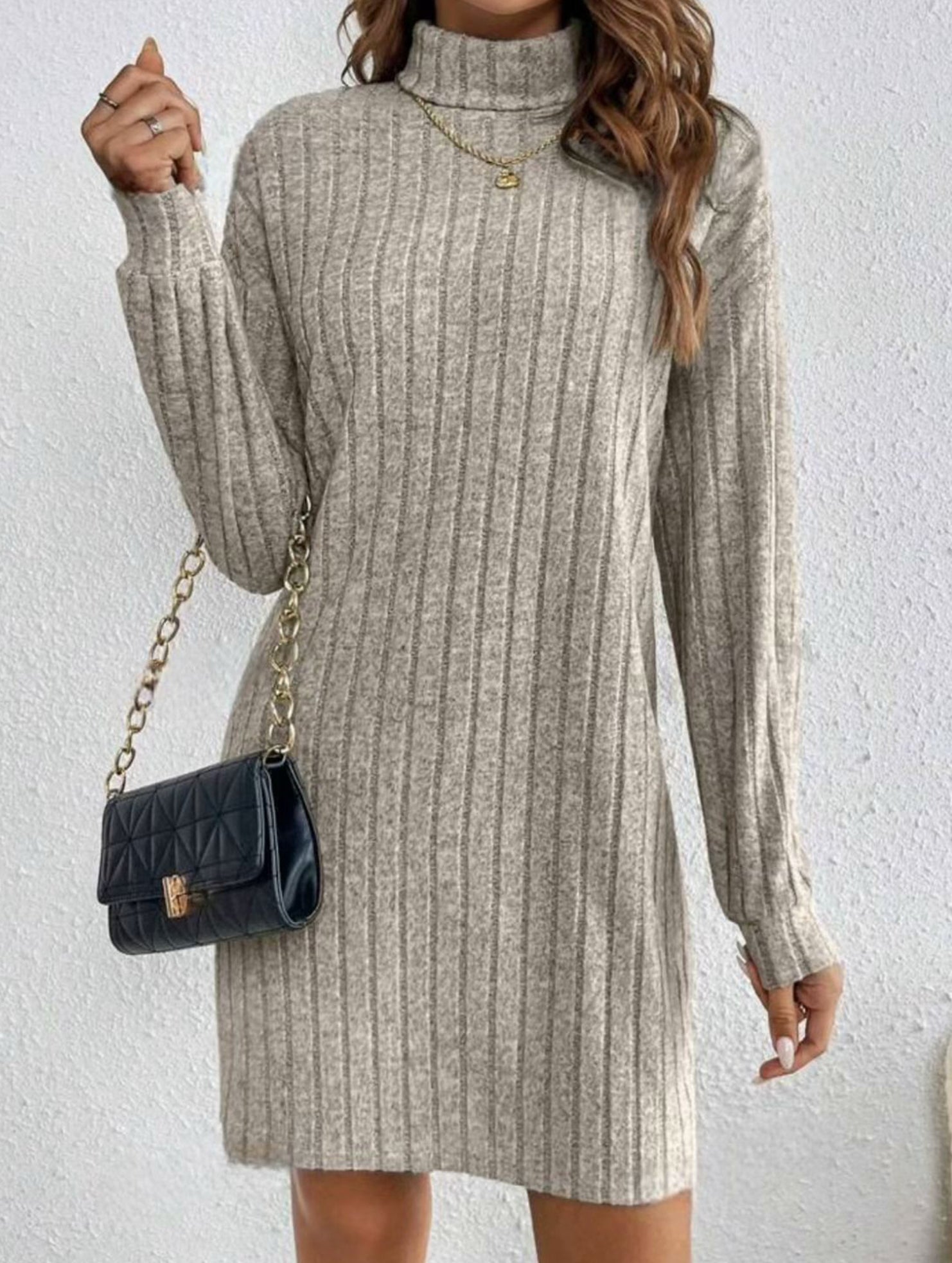 Anna-Berg | Stylish Brushed Striped Turtleneck Long-Sleeved Dress