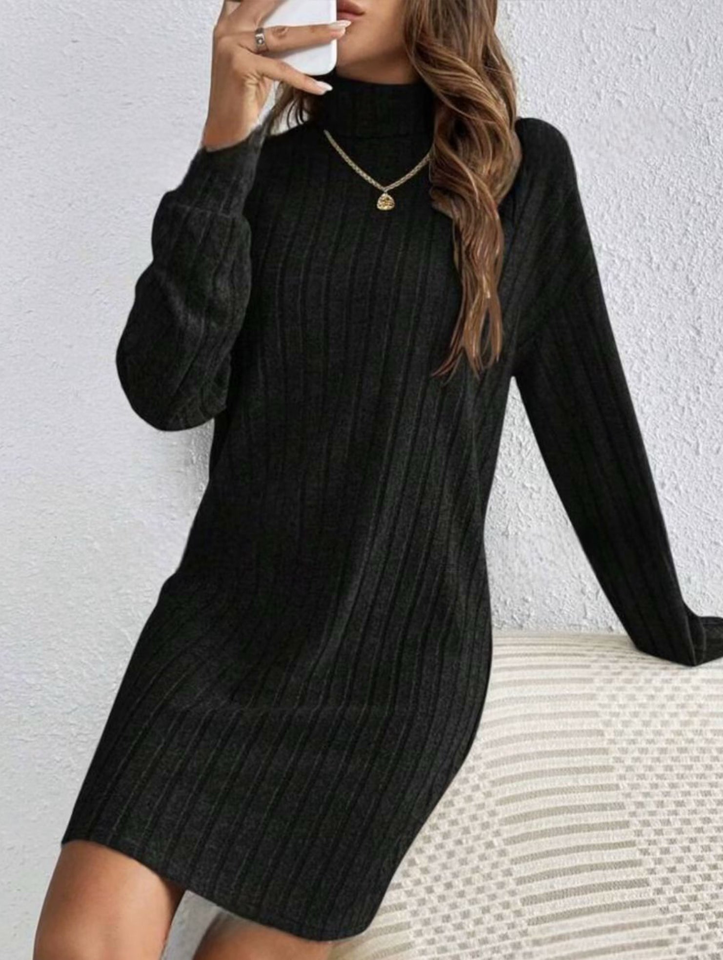 Anna-Berg | Stylish Brushed Striped Turtleneck Long-Sleeved Dress