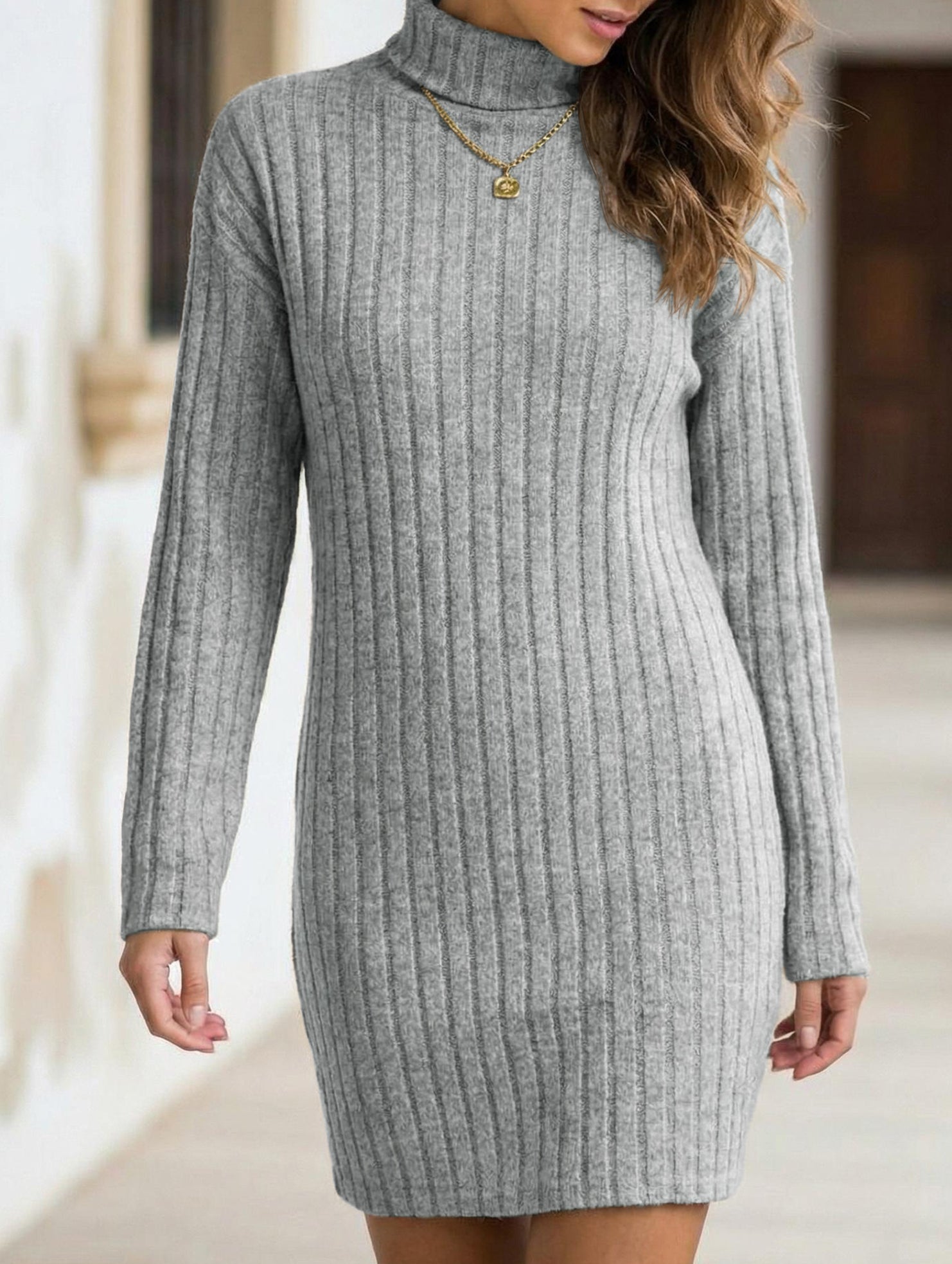 Anna-Berg | Stylish Brushed Striped Turtleneck Long-Sleeved Dress