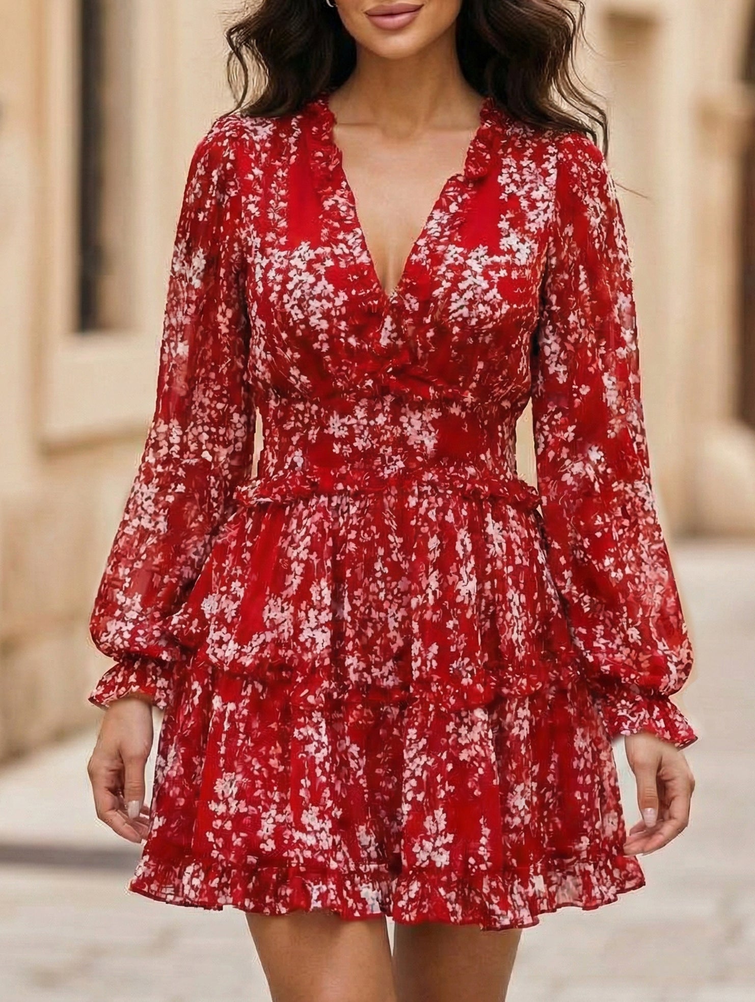 Anna-Berg | V-Neck Fitted Waist Puff Sleeve Dress