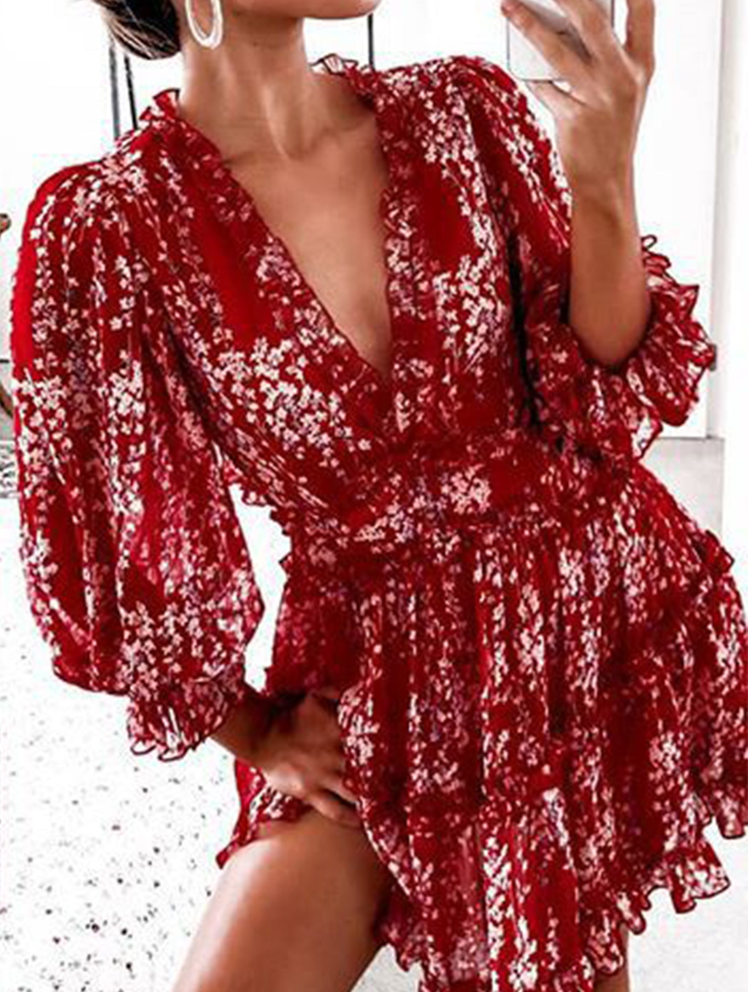 Anna-Berg | V-Neck Fitted Waist Puff Sleeve Dress