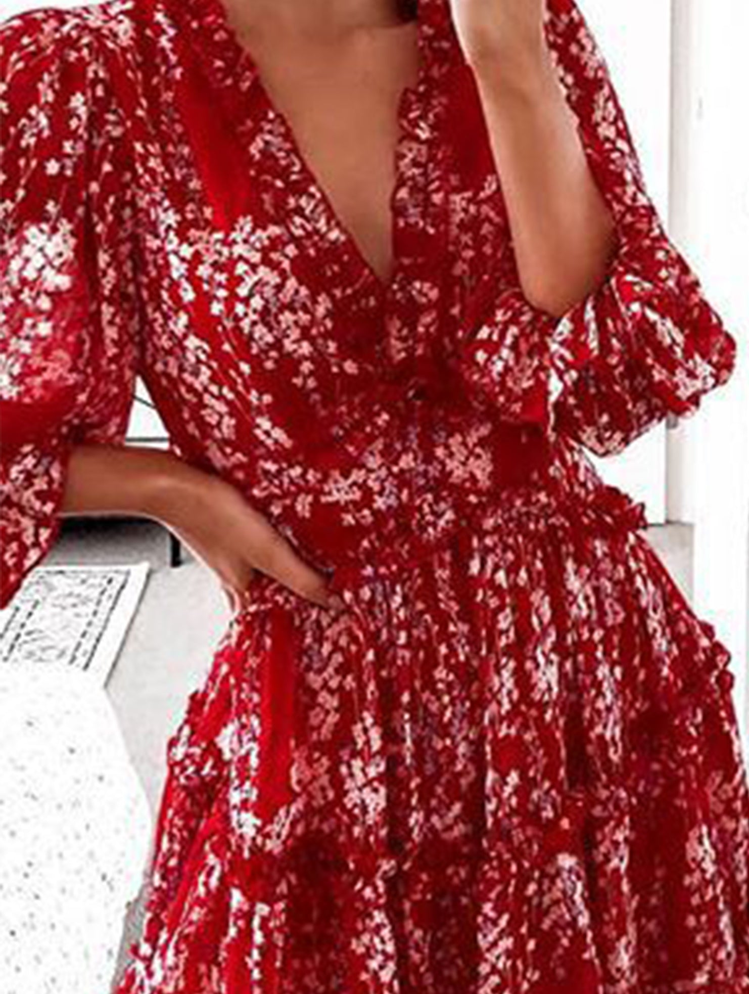 Anna-Berg | V-Neck Fitted Waist Puff Sleeve Dress