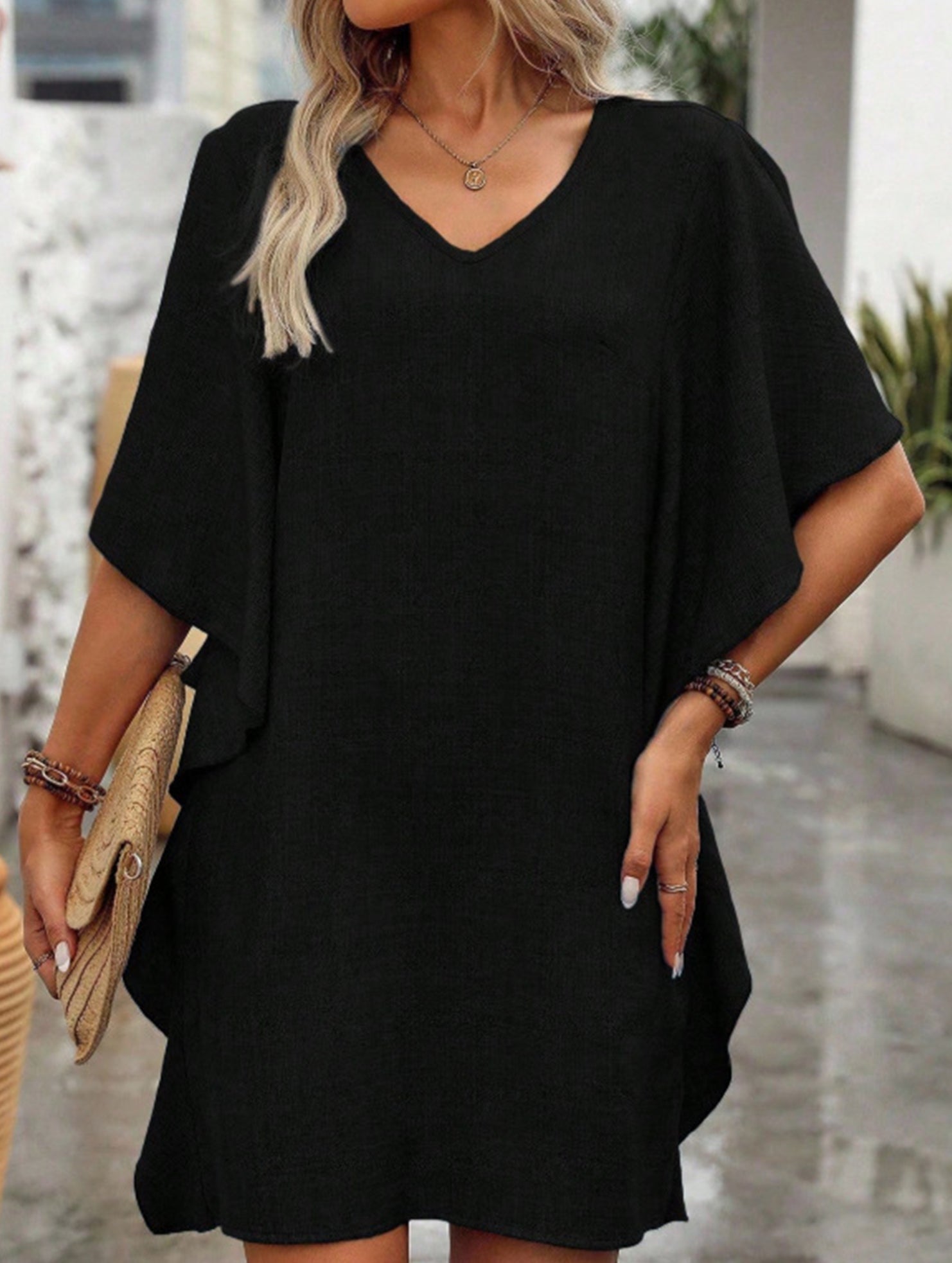 Anna-Berg | Solid Loose Ruffle V Neck Dress