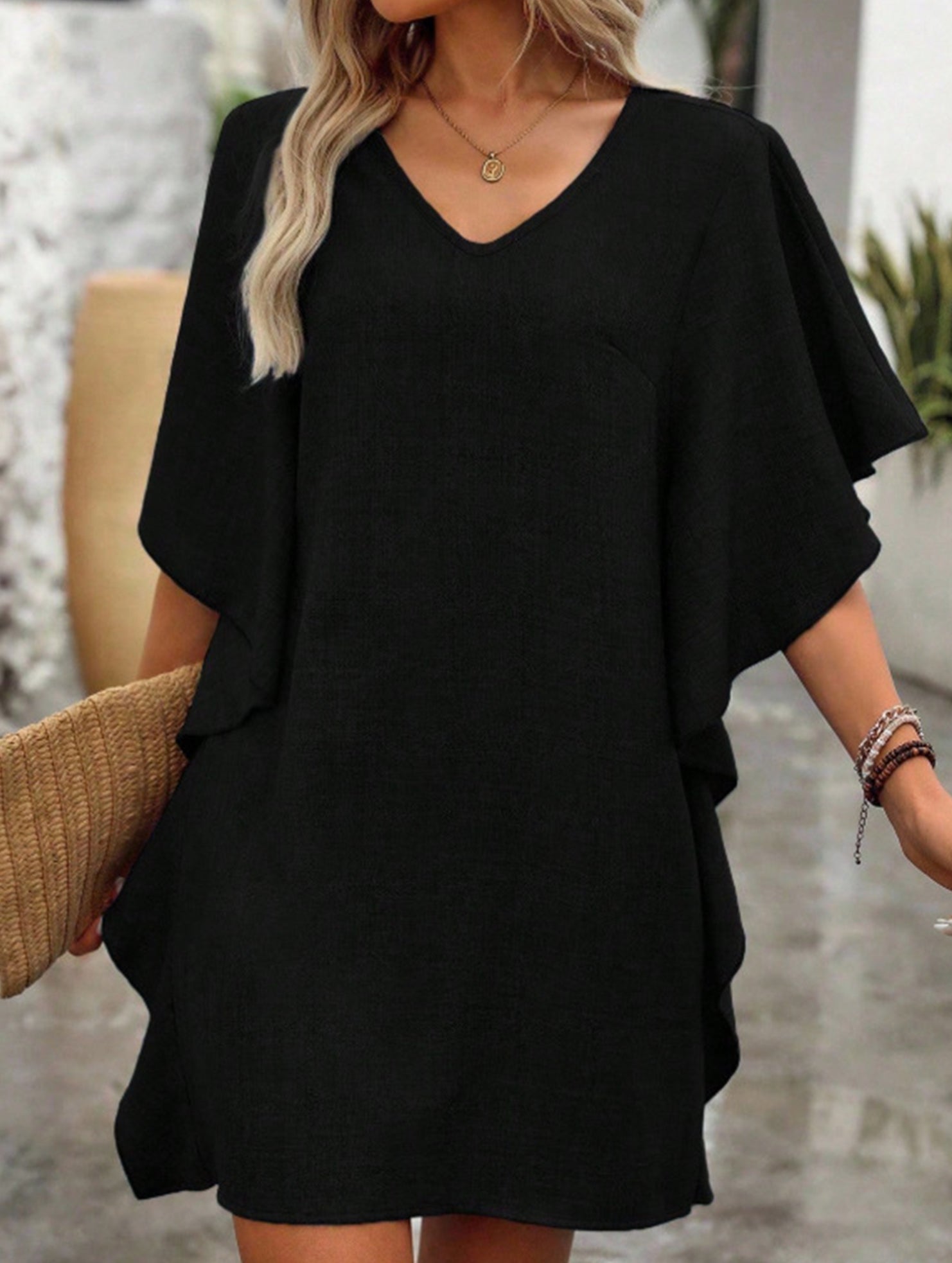 Anna-Berg | Solid Loose Ruffle V Neck Dress