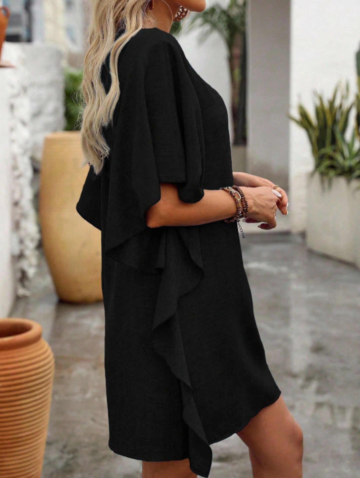 Anna-Berg | Solid Loose Ruffle V Neck Dress