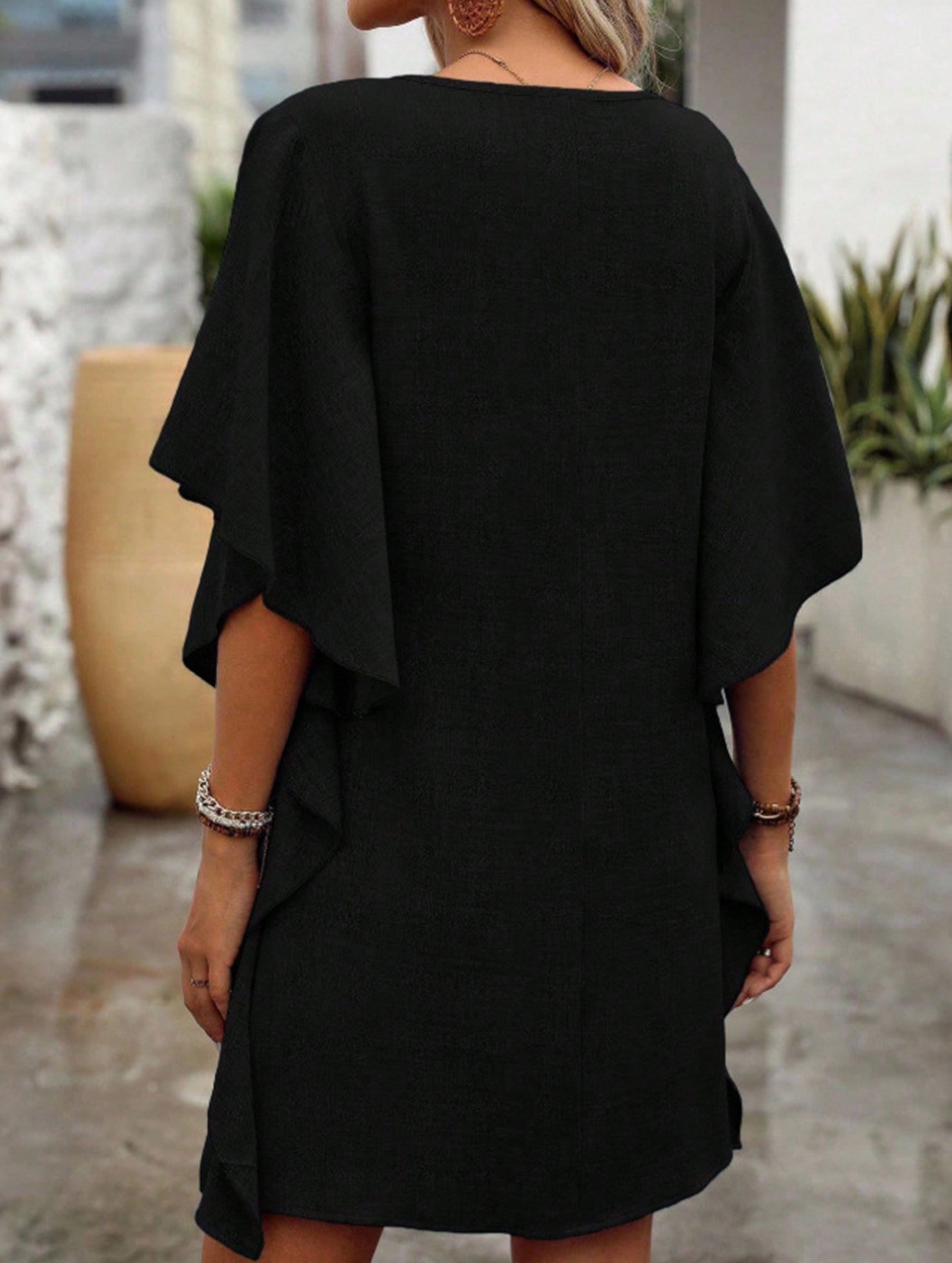 Anna-Berg | Solid Loose Ruffle V Neck Dress