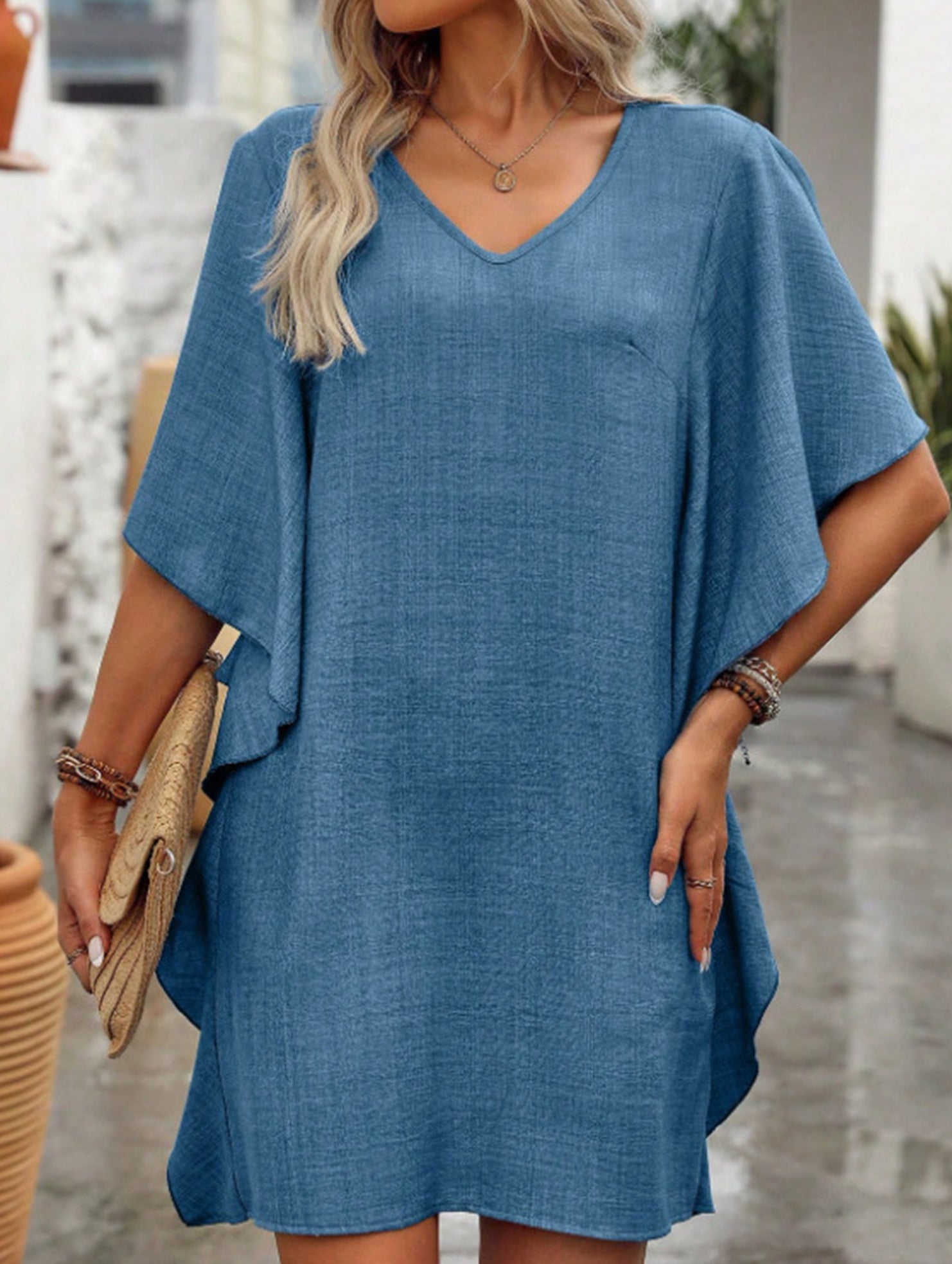 Anna-Berg | Solid Loose Ruffle V Neck Dress