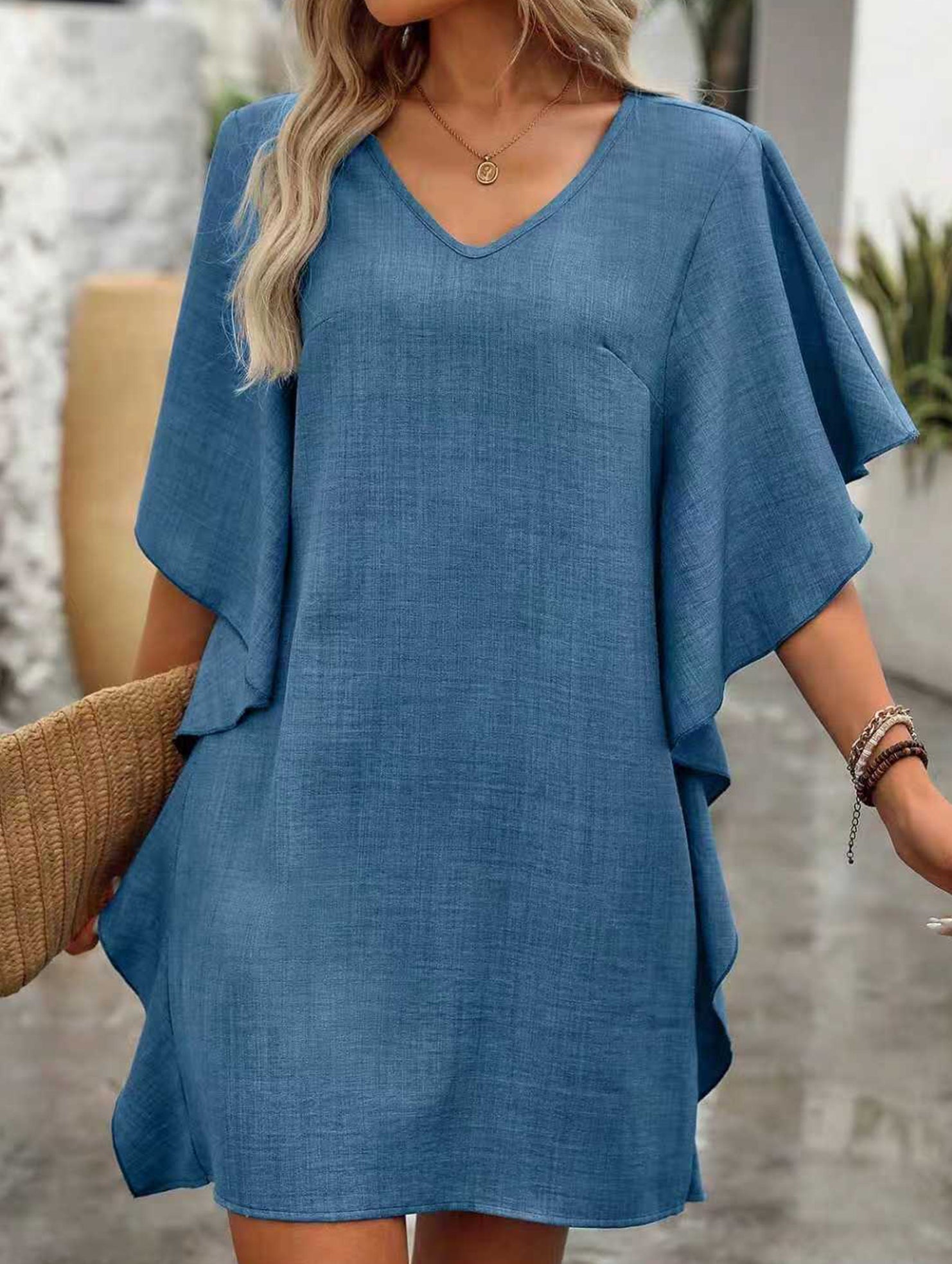 Anna-Berg | Solid Loose Ruffle V Neck Dress