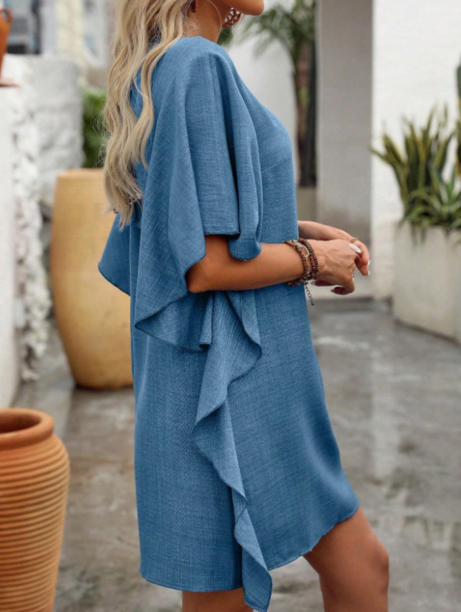 Anna-Berg | Solid Loose Ruffle V Neck Dress