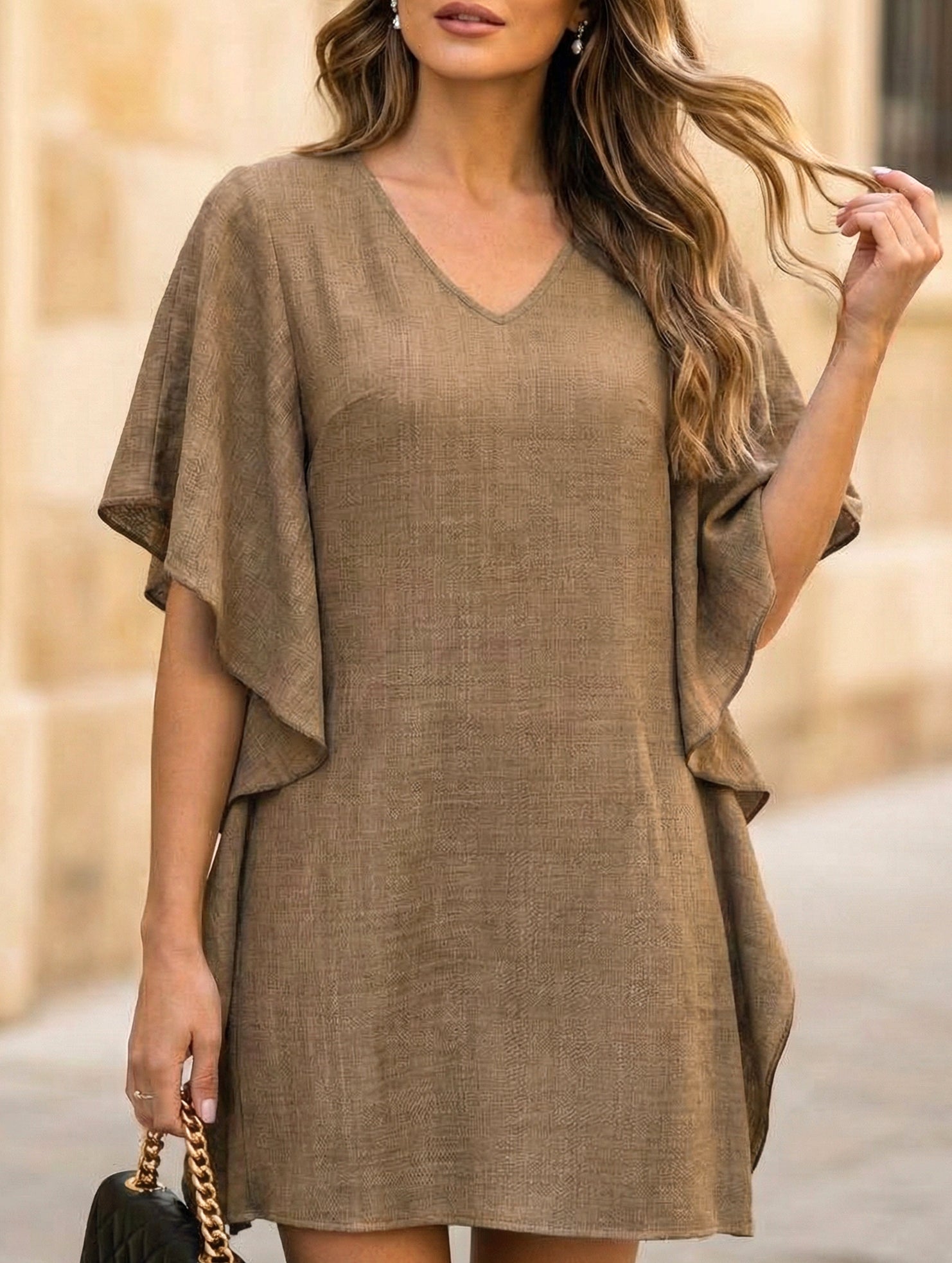 Anna-Berg | Solid Loose Ruffle V Neck Dress