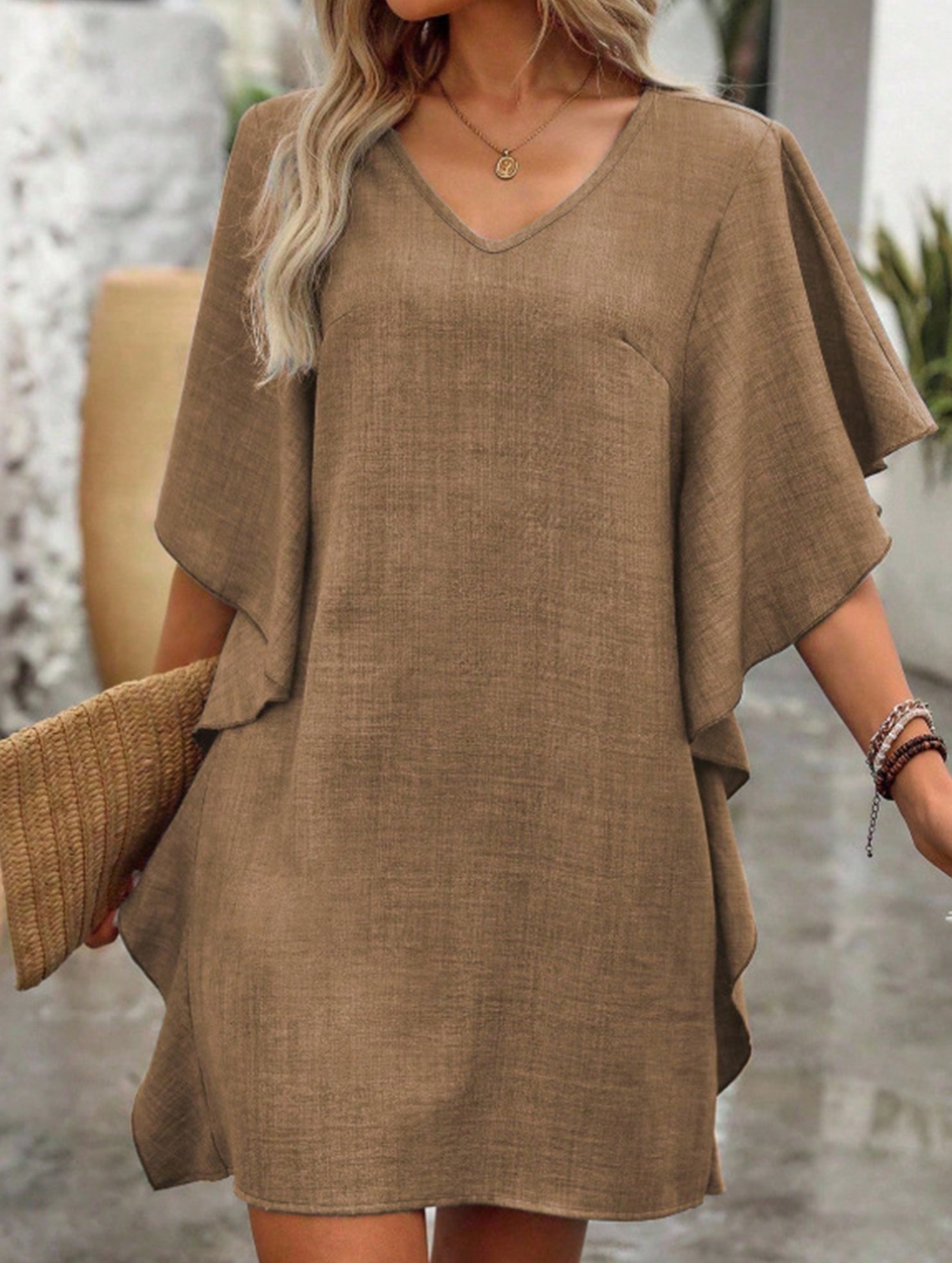 Anna-Berg | Solid Loose Ruffle V Neck Dress
