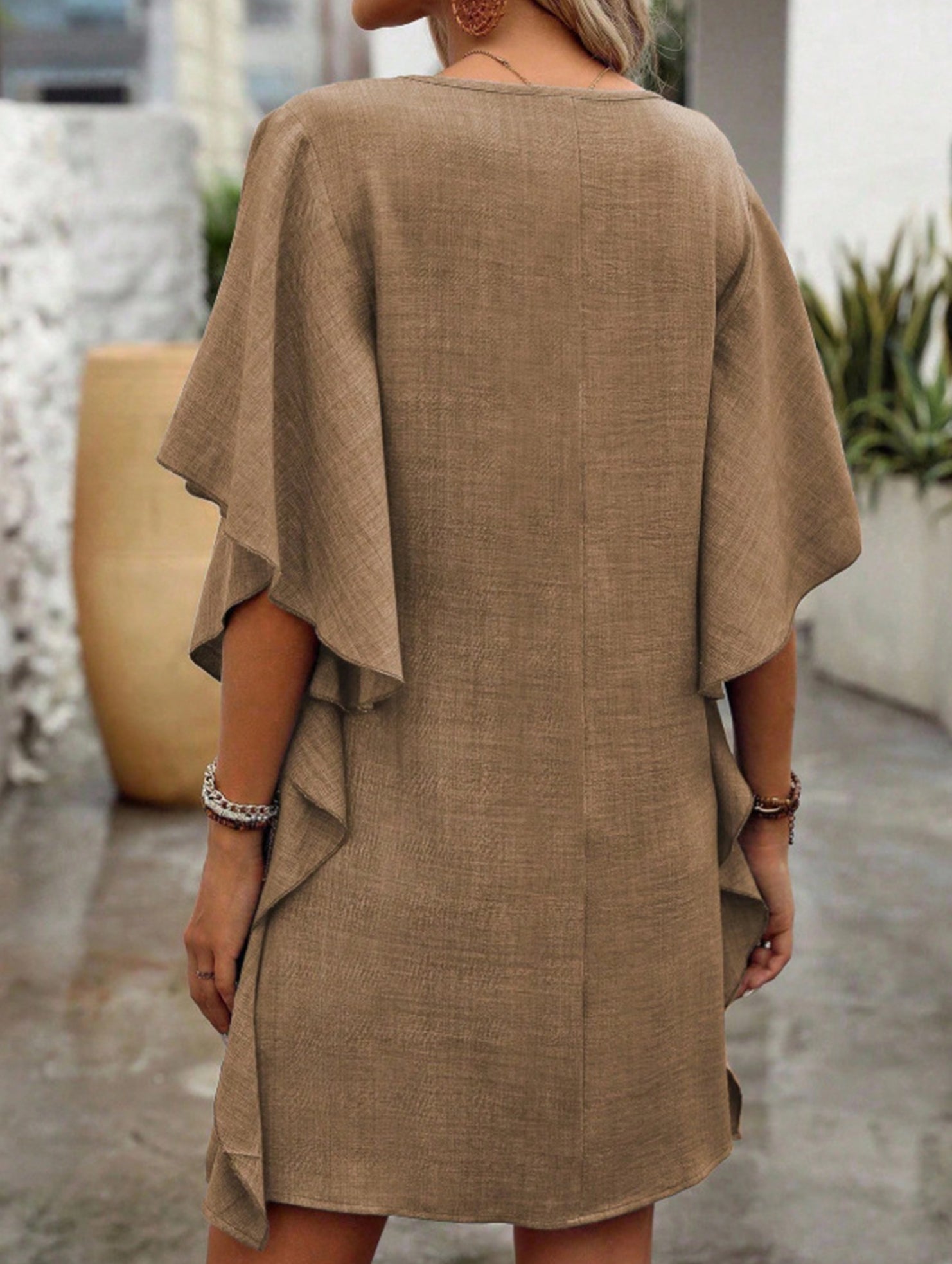 Anna-Berg | Solid Loose Ruffle V Neck Dress