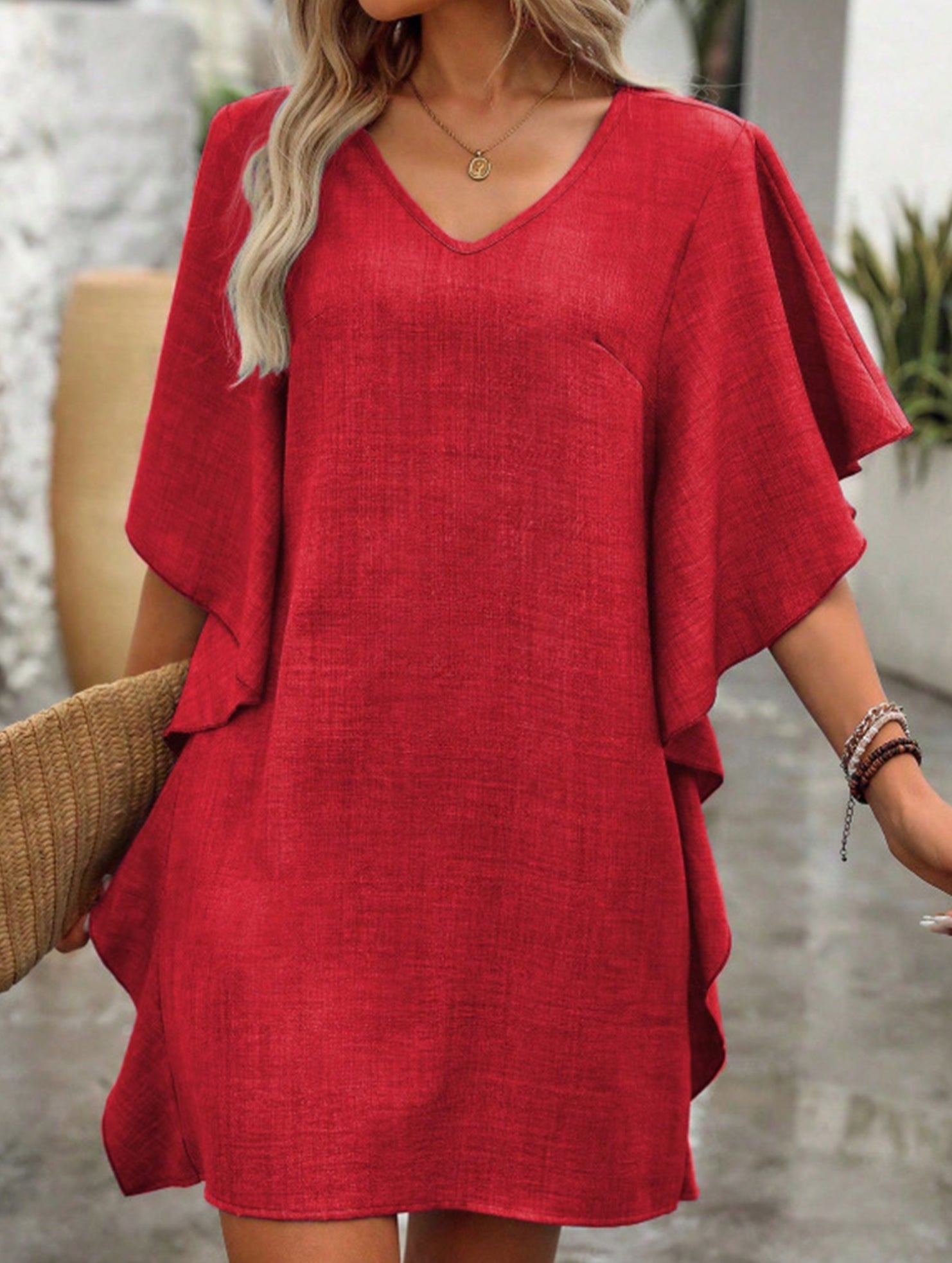 Anna-Berg | Solid Loose Ruffle V Neck Dress