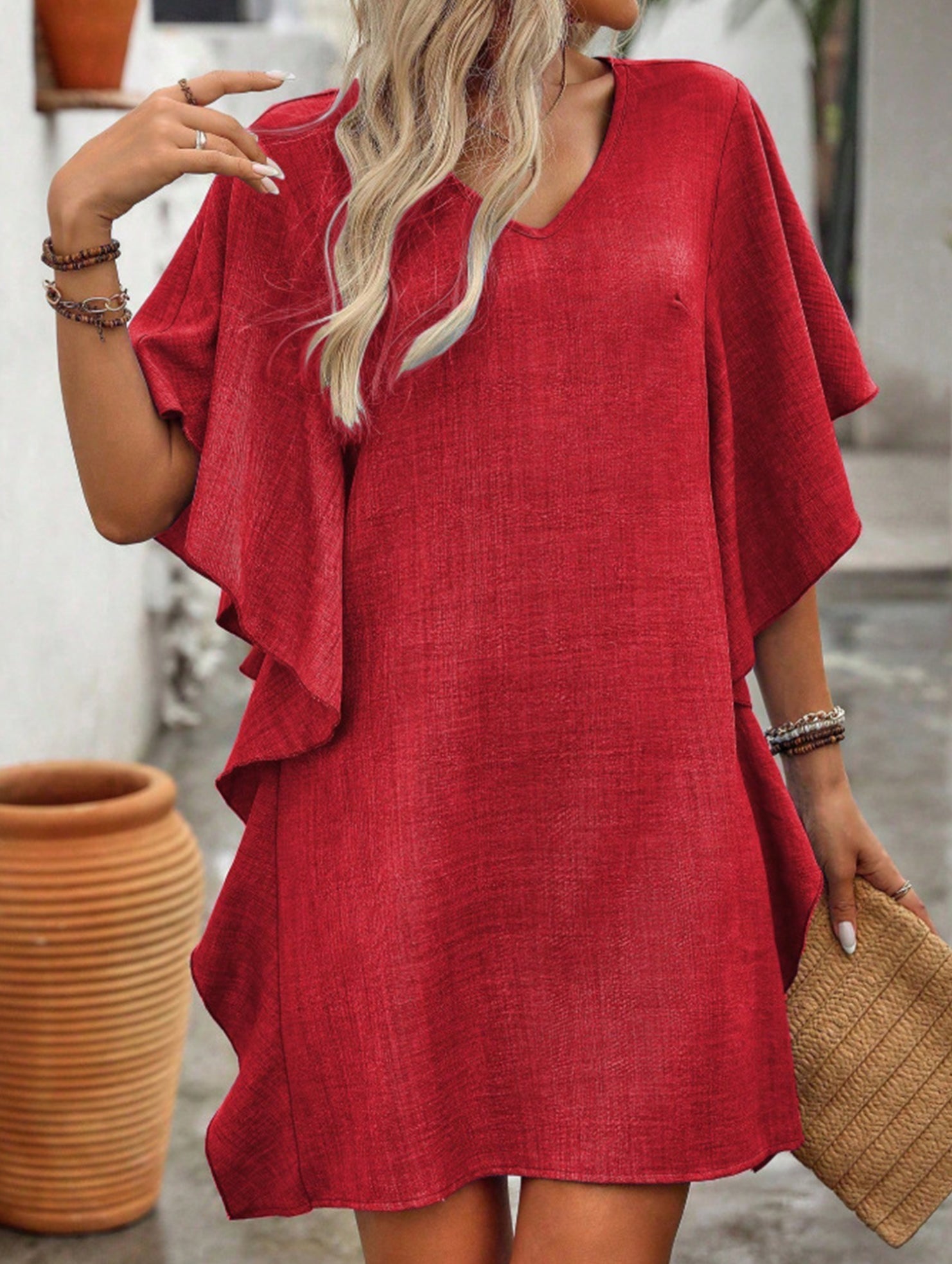 Anna-Berg | Solid Loose Ruffle V Neck Dress