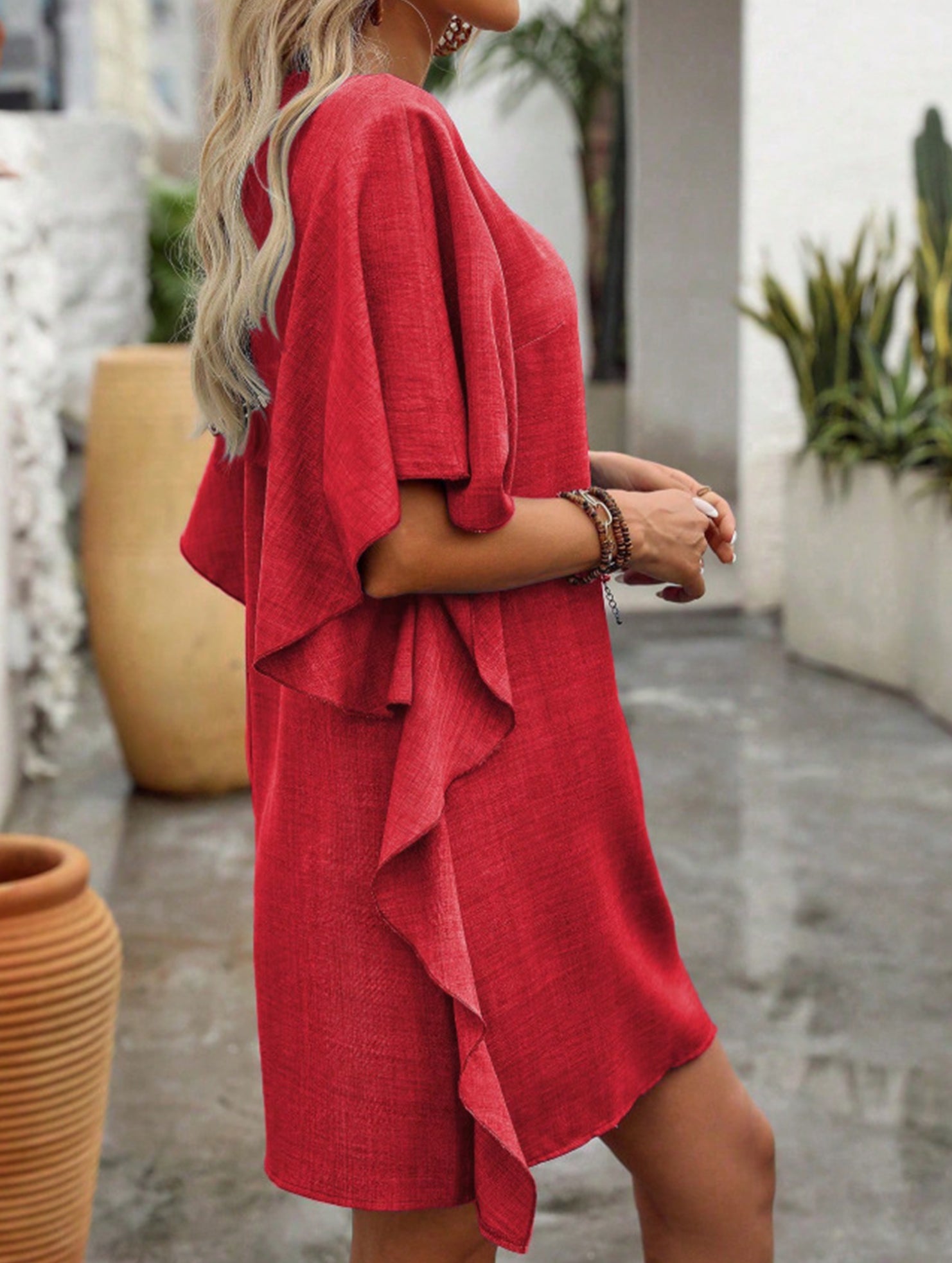 Anna-Berg | Solid Loose Ruffle V Neck Dress