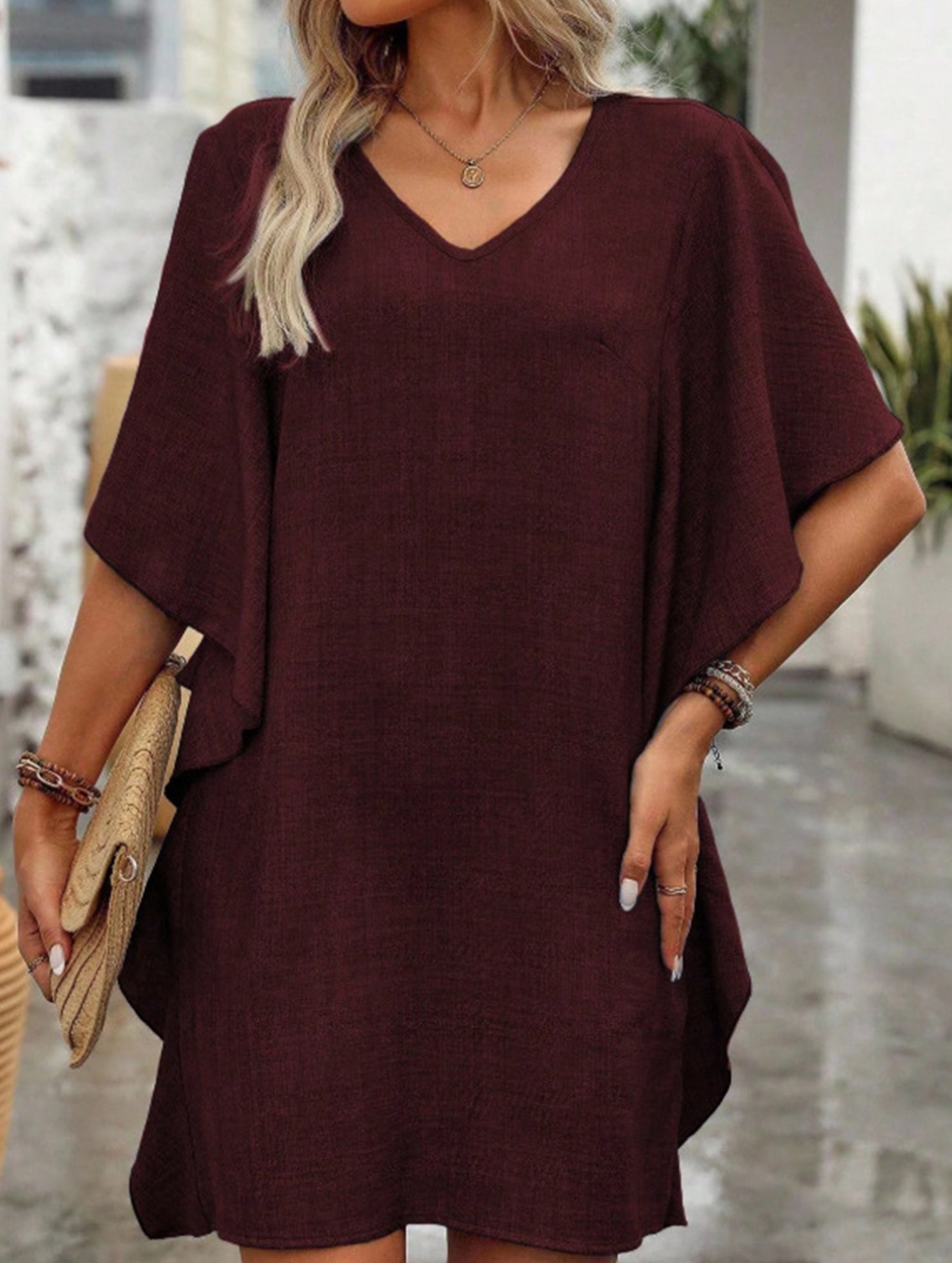 Anna-Berg | Solid Loose Ruffle V Neck Dress