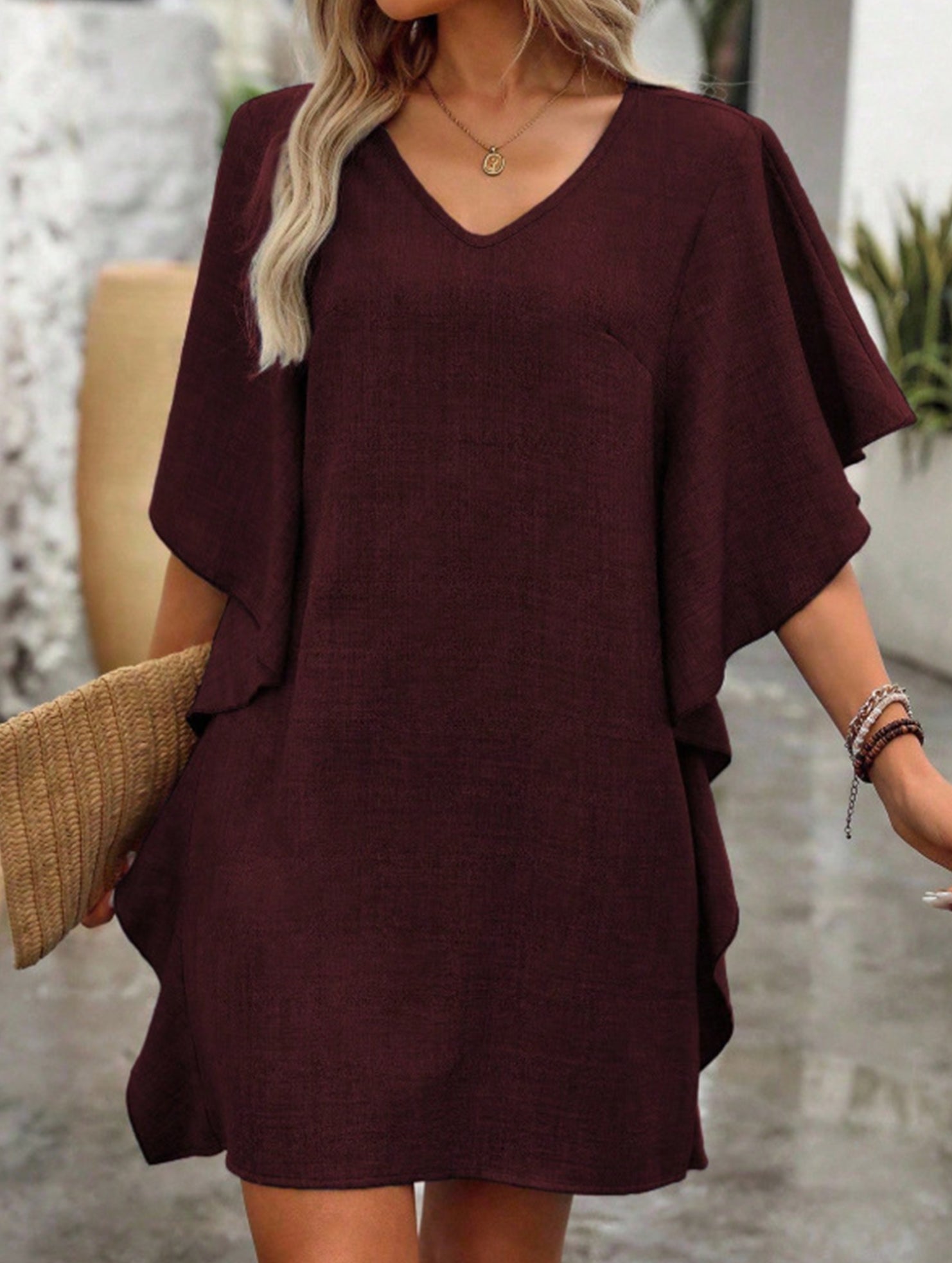 Anna-Berg | Solid Loose Ruffle V Neck Dress