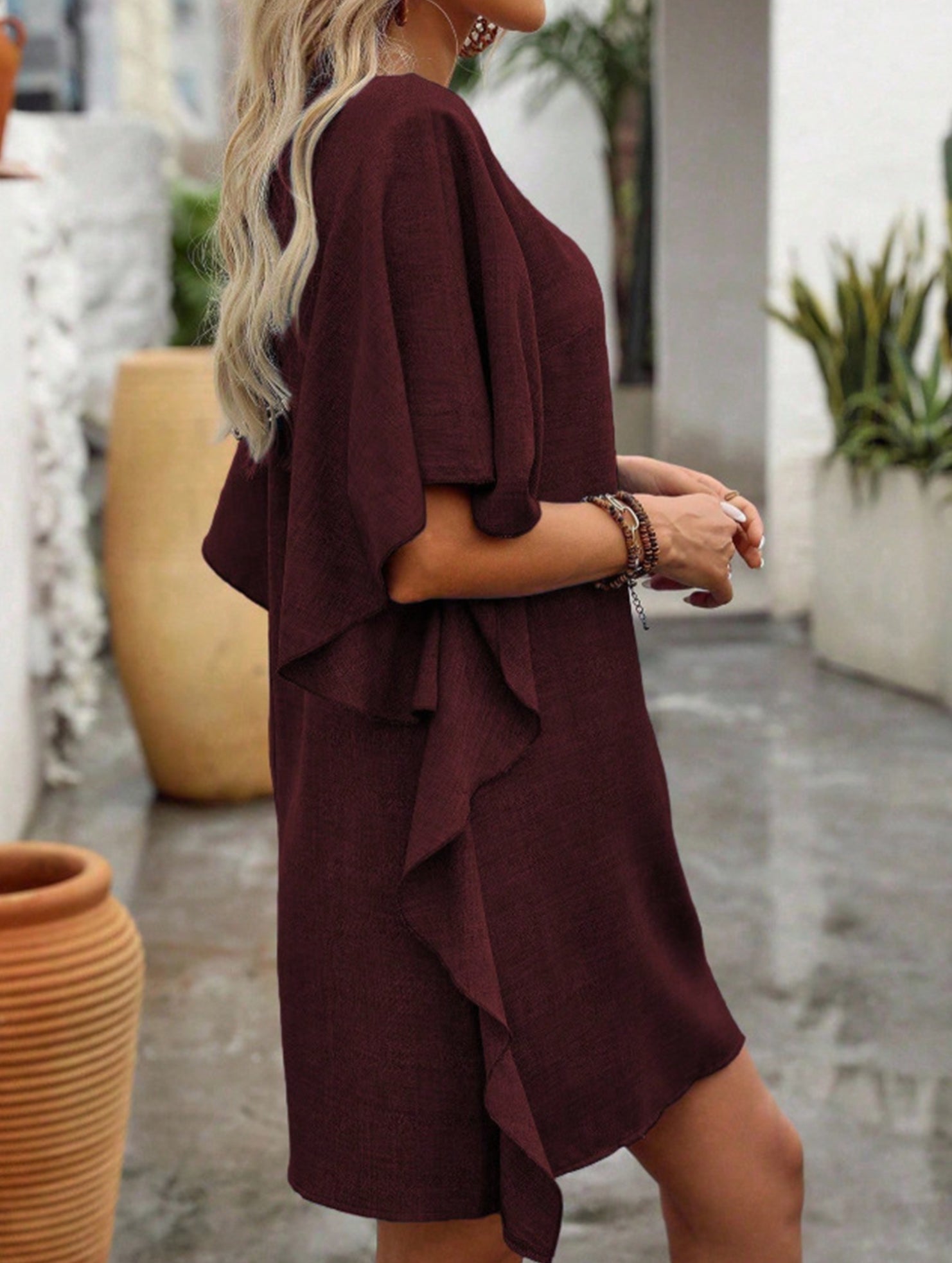 Anna-Berg | Solid Loose Ruffle V Neck Dress